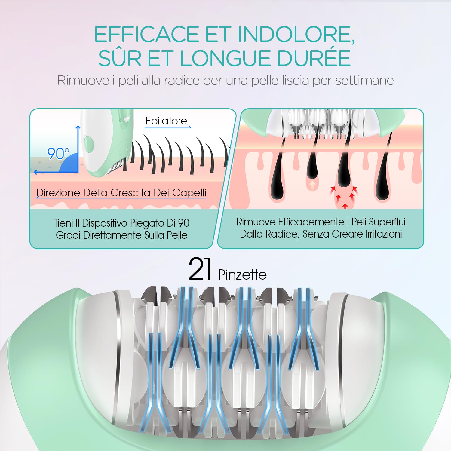 VOGOE Epilatore Elettrico Donna con 21 Pinzette & Luce LED, 2 Velocità Epilatore Viso Donna Senza Fili Ricaricabile, Epilatore Elettrico per Braccia, Gambe, Viso HR110 (Verde)