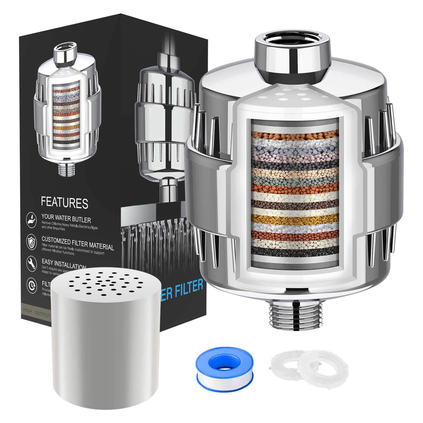 20-Stage Shower Filter – High-Performance Shower Head Filter for Hard Water, 2 Replacement Cartridges, Supports Skin & Hair Comfort, Polished Chrome Finish