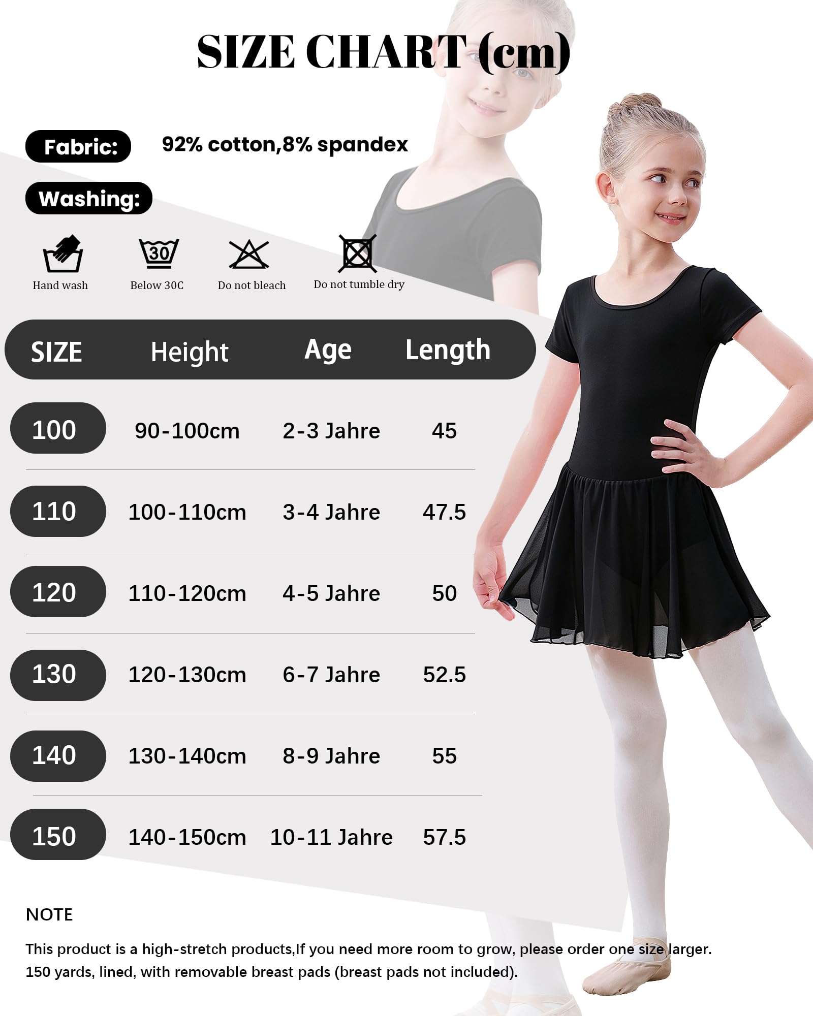 Kinder Ballettkleidung Mädchen Kurzarm Ballett Trikot,Balletttrikot Tanzkleid aus Baumwolle für Kinder mit Chiffonrock,Größen 100–150