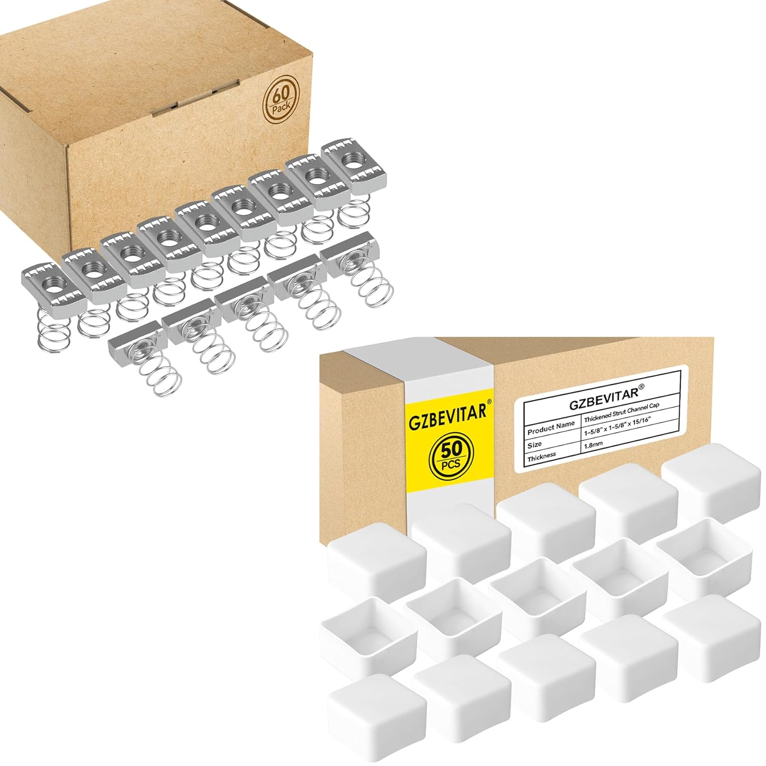 Strut Channel Nuts 1/2"-13 with Standard Spring - 60 Pcs, White Strut Channel Caps - 50 Pack