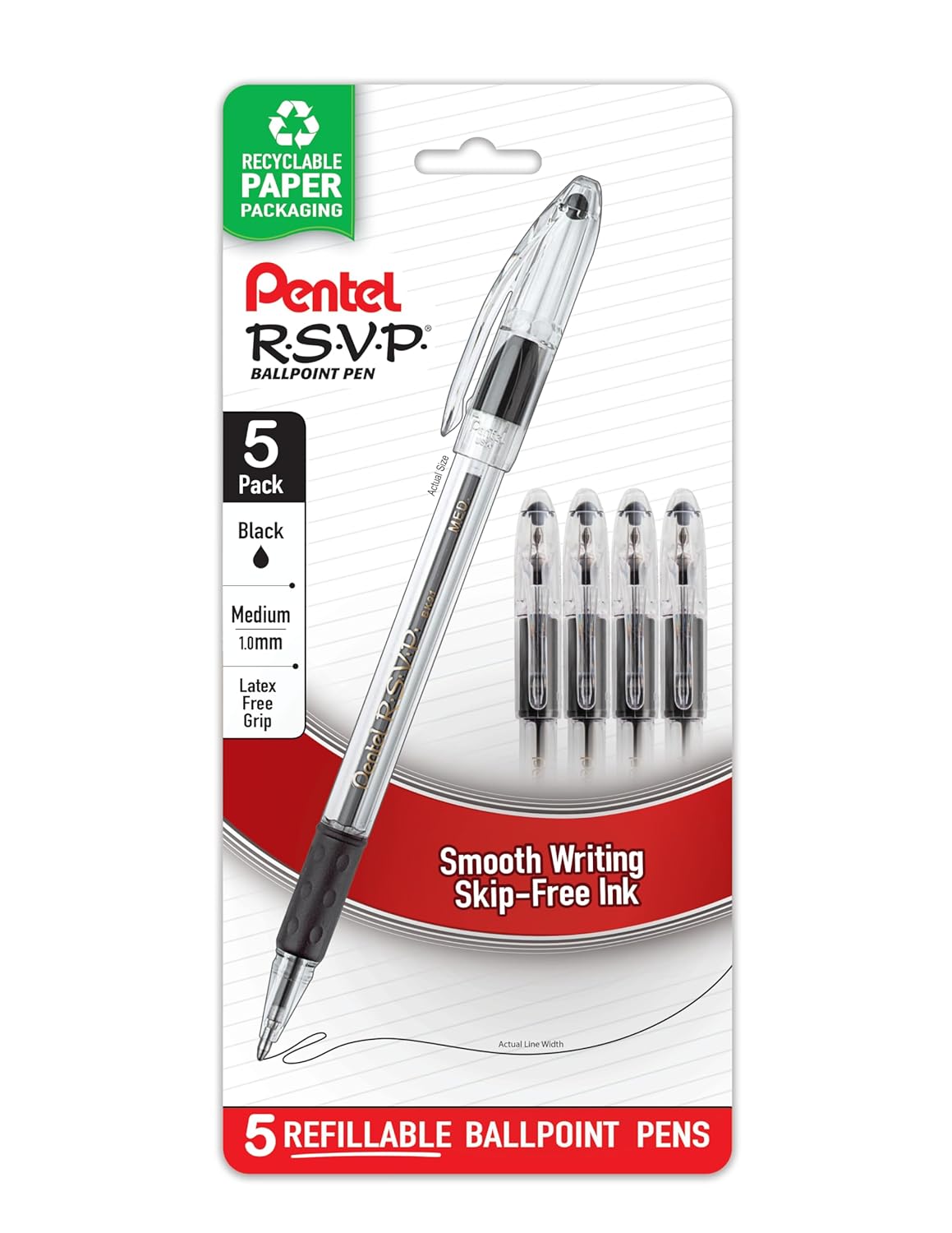 Pentel RSVP Ballpoint Pen 1 0mm Medium Line Black Ink Pack of 5 BK91BP5A