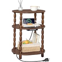 MaxSmeo Small Side Table with Charging Station, 3-Tier Small End Table with USB Ports and Outlets, Modern Oval Night Stand Accent Table for Living Room, Bedroom, Walnut Brown