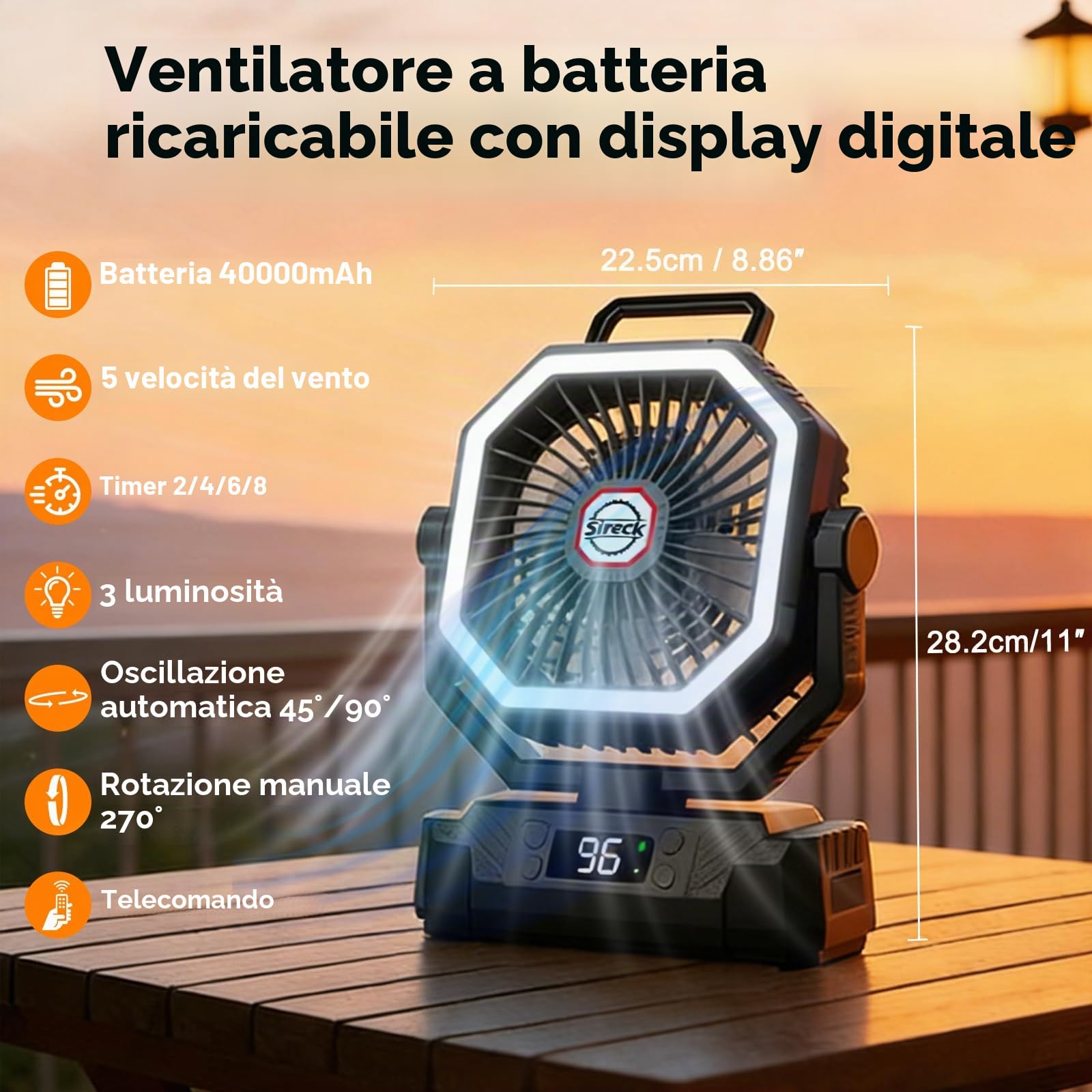 Sireck Ventilatore da campeggio da 40000 mAh, ventilatore personale portatile alimentato a batteria da 25,4 cm, con telecomando, lanterna LED, 5 velocità, timer, display digitale, ventilatore da