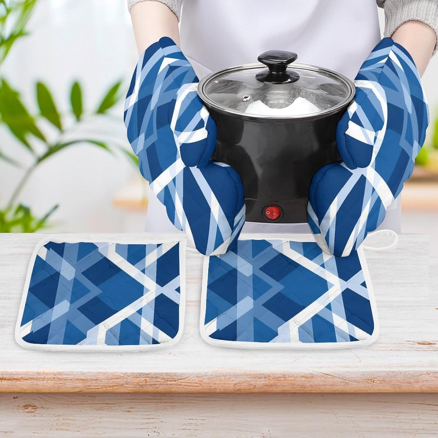 Scottish Tartan Plaid 4 Pcs Oven Mitts and Pot Holders Set High Heat Resistant Long Kitchen Oven Glove Potholders