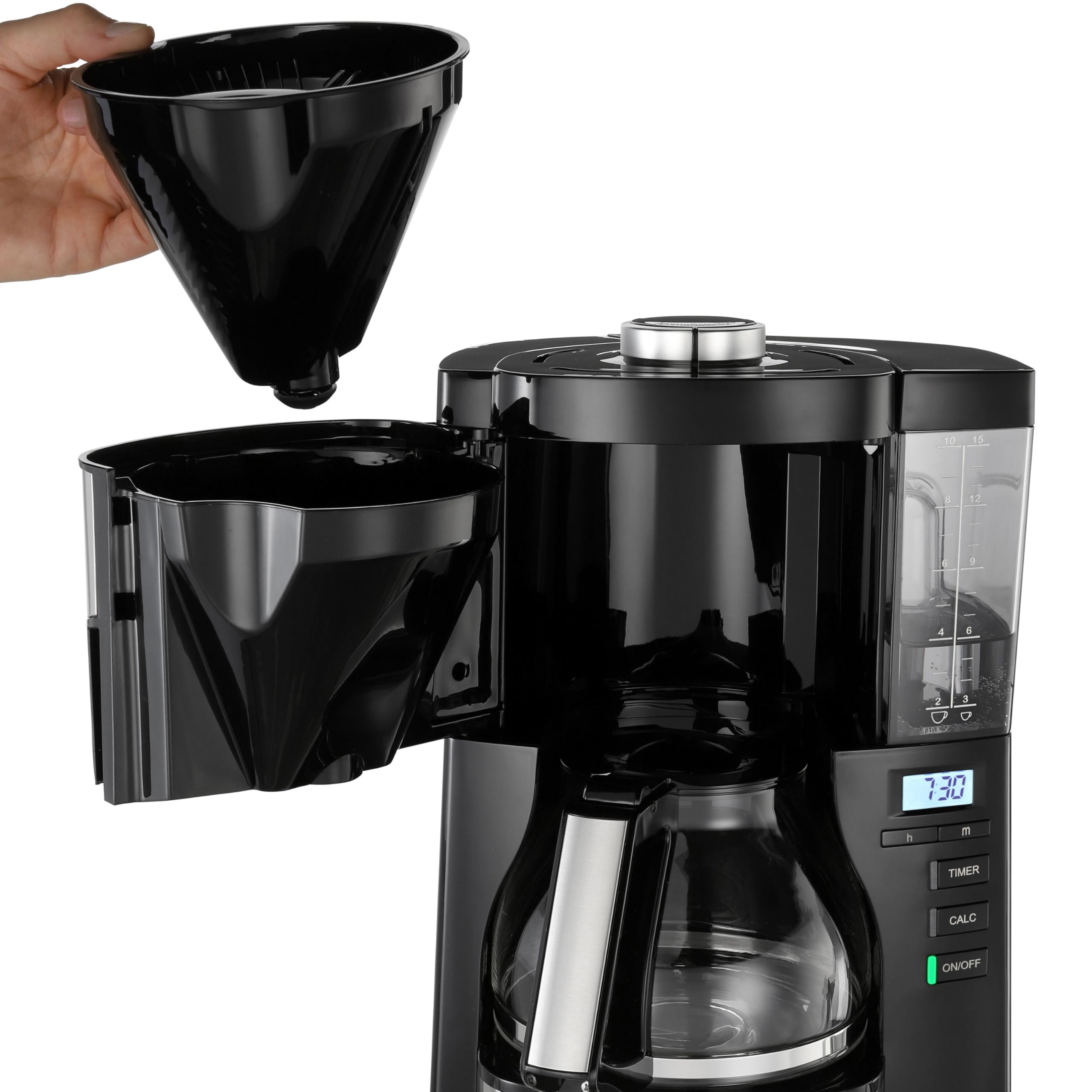 Melitta, Cafetière Filtre LOOK V Timer 1,25L Noir/Acier, Cafetière Programmable, Fonction AromaSelector, Fonction Minuteur, Porte-filtres 1x4, 10 Tasses,1025-08,1080W