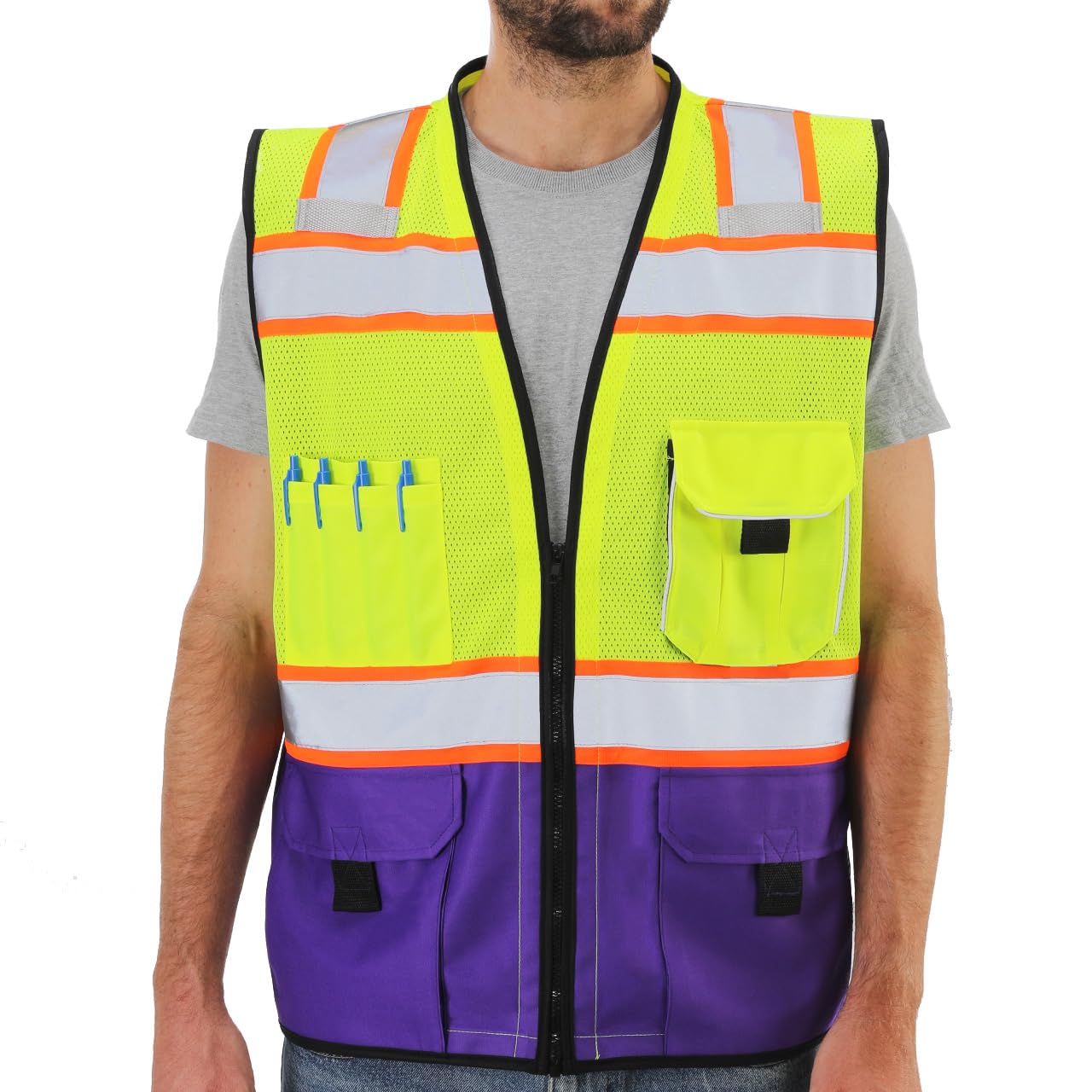 Dib Safety Vest Reflective with Pockets and Zipper, High Visibility Mesh ANSI Class 2, Made with 3M Reflective Tape, Yellow and Purple 3XL
