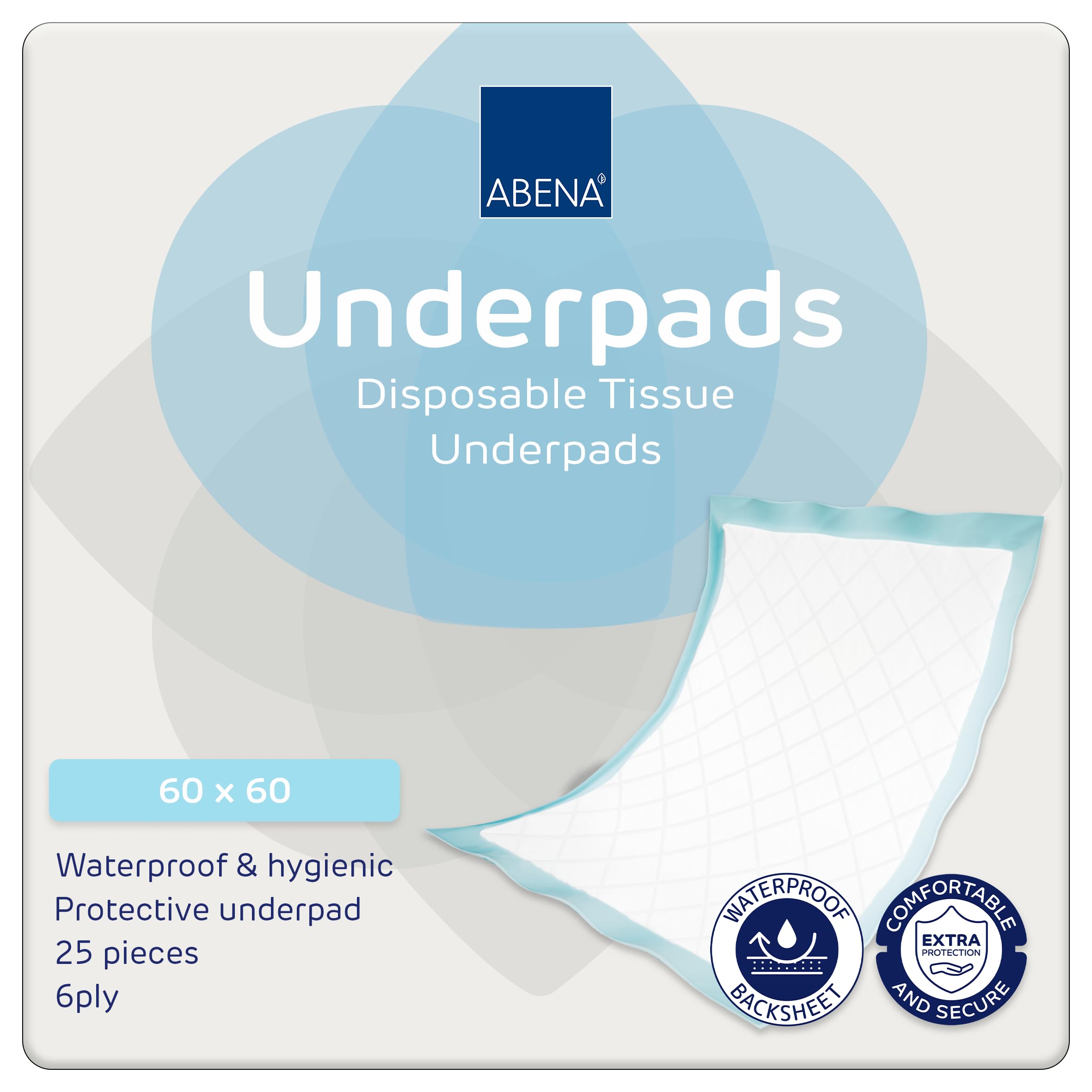 ABENA Tissue Underpads, 60 x 60cm, 550ml, Pack of 25, Disposable Bed & Chair Protection Pads, 6 Layer Absorbent Underpads for Incontinence, Wound Care & Hygiene