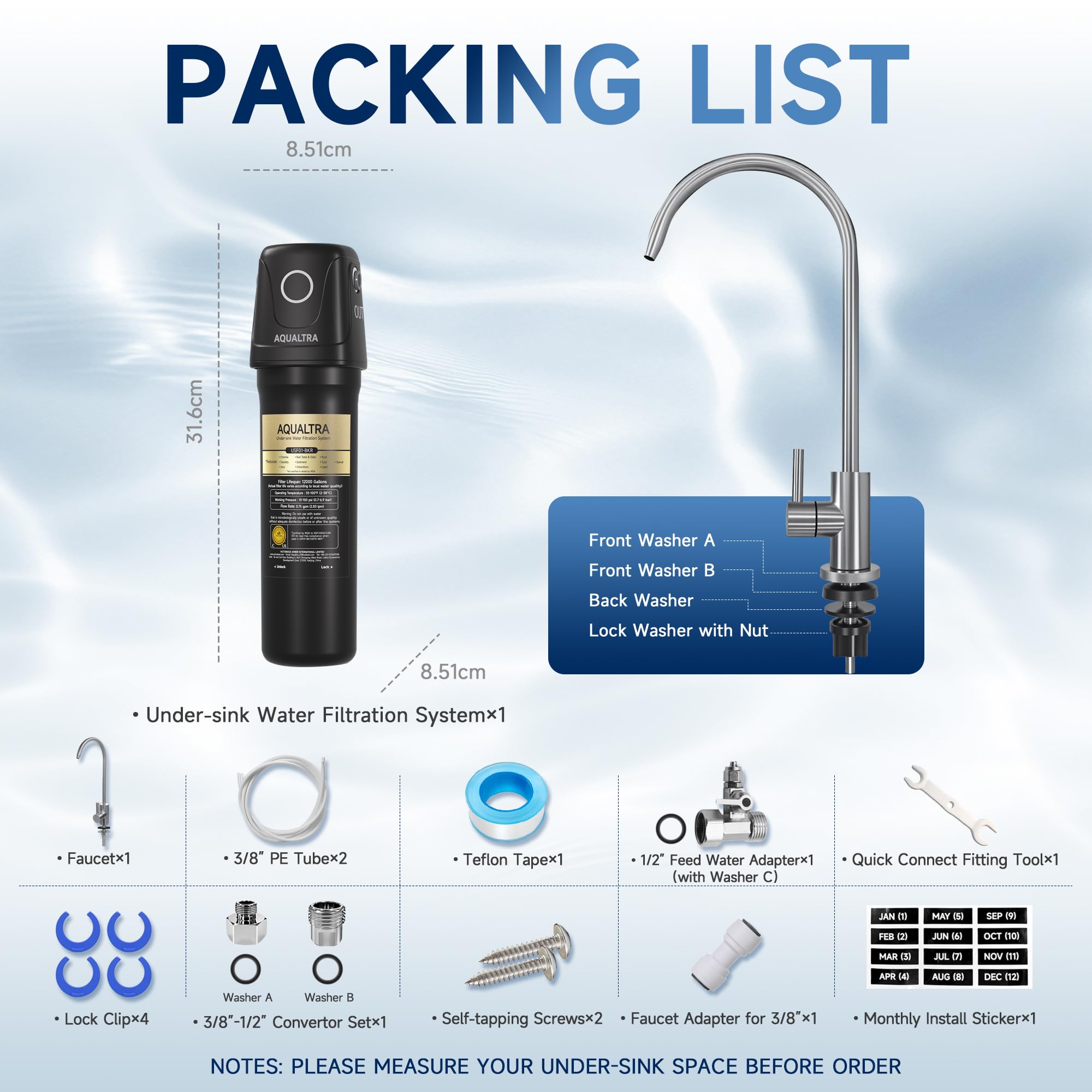 AQUALTRA USF01-BKF Sistema bajo fregadero con grifo, 45400L, certificado NSF/ANSI/CAN 372, reduce PFOA, PFOS, cloro, plomo, mercurio, cloramina, fluoruro, microplásticos, mal sabor & olor