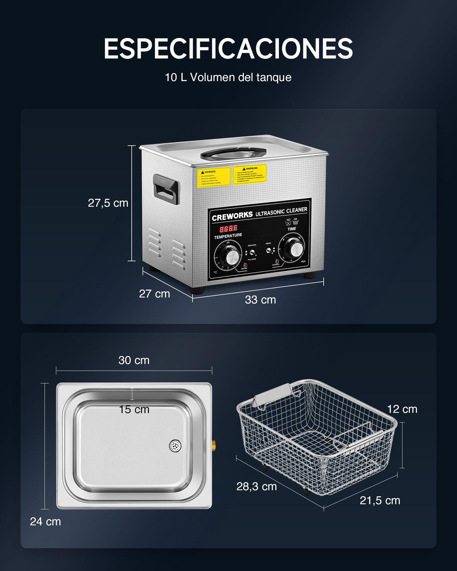 CREWORKS 10L Ultraschallreinigungsgerät mit Degas & Halbwellenfunktion, 40kHz Edelstahl Ultraschallreiniger mit Heizung & Timer für Vergaser Labor Schmuck Brillen Werkstattteile, SUS304