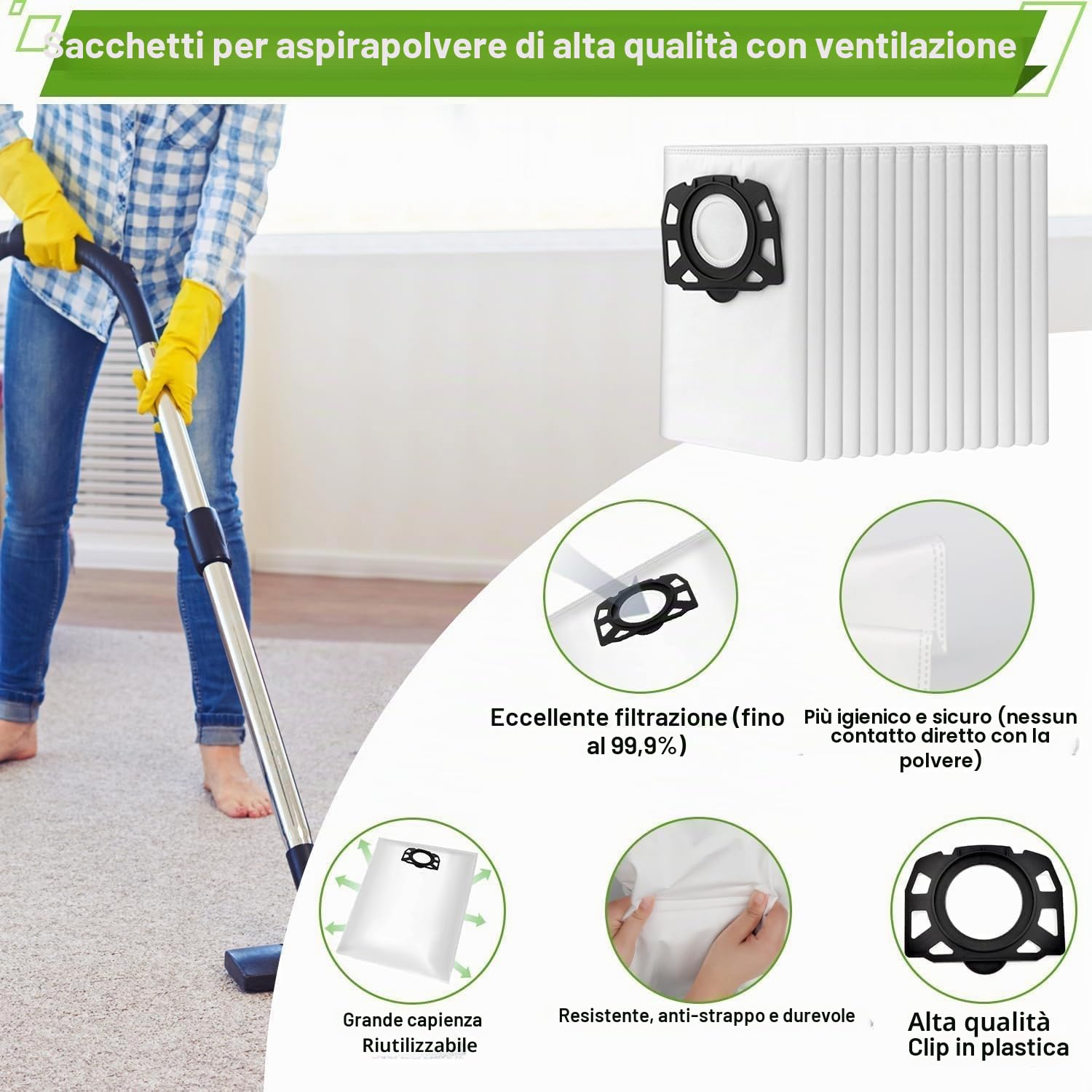 Rebirthcare 15 sacchetti per Kärcher aspirapolvere 2.863-006.0 in tessuto non tessuto 487, sacchetti di ricambio WD4 WD5 WD6 WD5P WD6P Premium MV4 MV5 MV6 sacchetti per filtro bagnati e asciutti