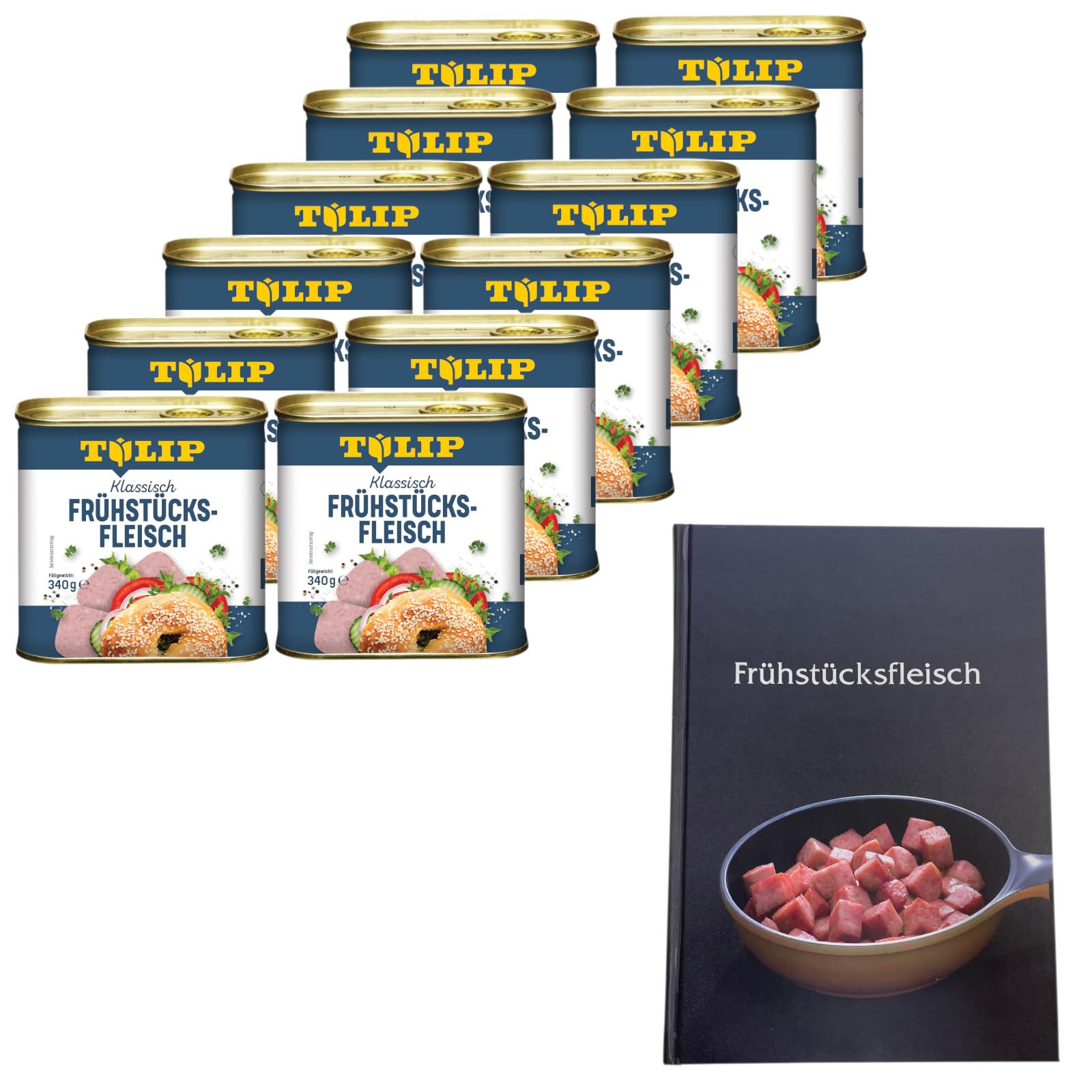 TULIP 12x Schweine-Frühstücksfleisch 340g + Kochbuch | Schweine-Frühstücksfleisch in der Dose und ein passendes gebundenes Kochbuch mit 57 Rezepten | 87% Schweinefleisch
