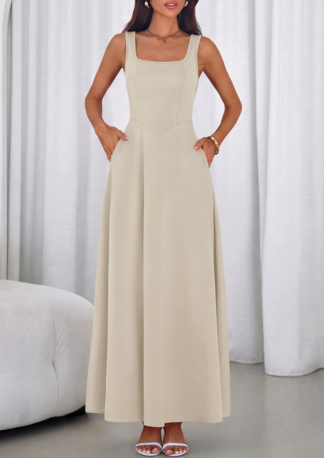 PRETTYGARDEN Womens Summer Dresses 2026 Sleeveless Elegant Square Neck Aline Swing Maxi Beach Wedding Guest Dress Pockets - Image 6