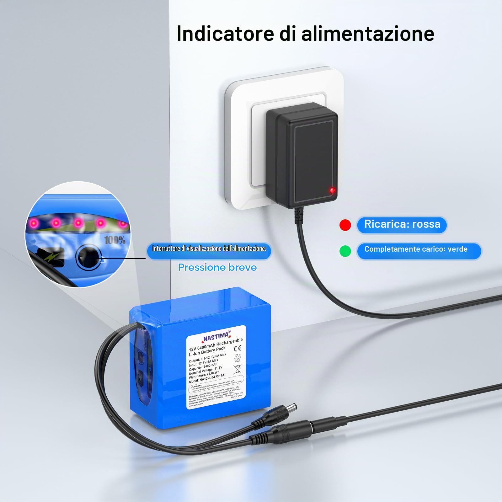 NASTIMA 6400mAh 71,04Wh 12V Batteria Ricaricabile Agli Ioni di Litio | Adatta per Fotocamere, Videocamere, Lettori MP3, Telecamere CCTV, Router, Radio, ecc. Include Caricabatterie e Connettore