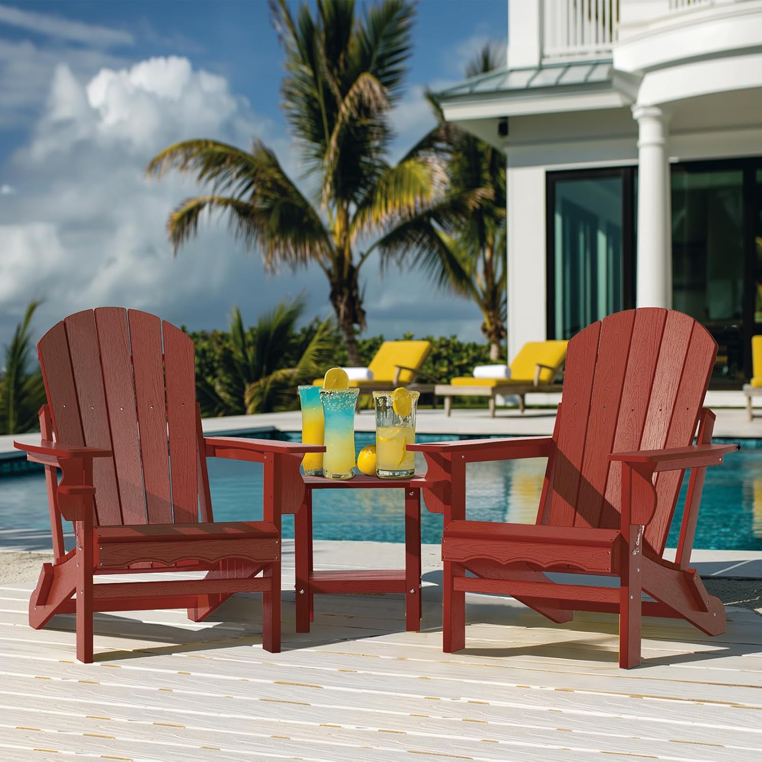 Folding Adirondack Chairs Set of 2, HDPE Fire Pit Chairs Weather Resistant, Outdoor Adirondack Chair with Cup Holder and Umbrella Hole, Wood Texture, Dark Red