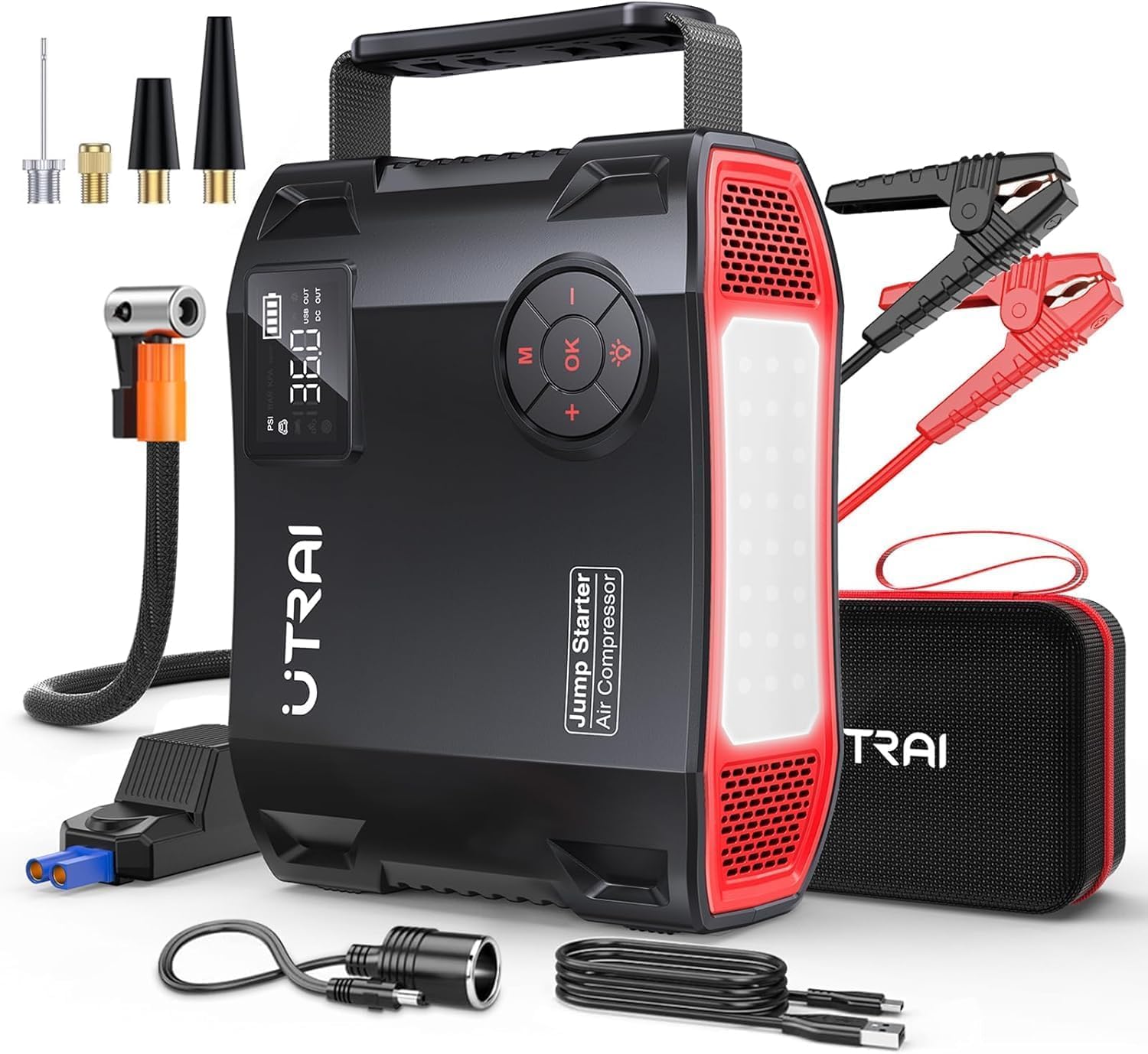 UTRAI 27000mAh Booster Batterie Voiture 8000A, Demarreur Batterie Voiture avec 1600 Lumens LED, Gonfleur, Sortie CC 160 W, 18W Charge Rapide, Jump Starter Portable (Tous Gaz ou 12L Diesel)