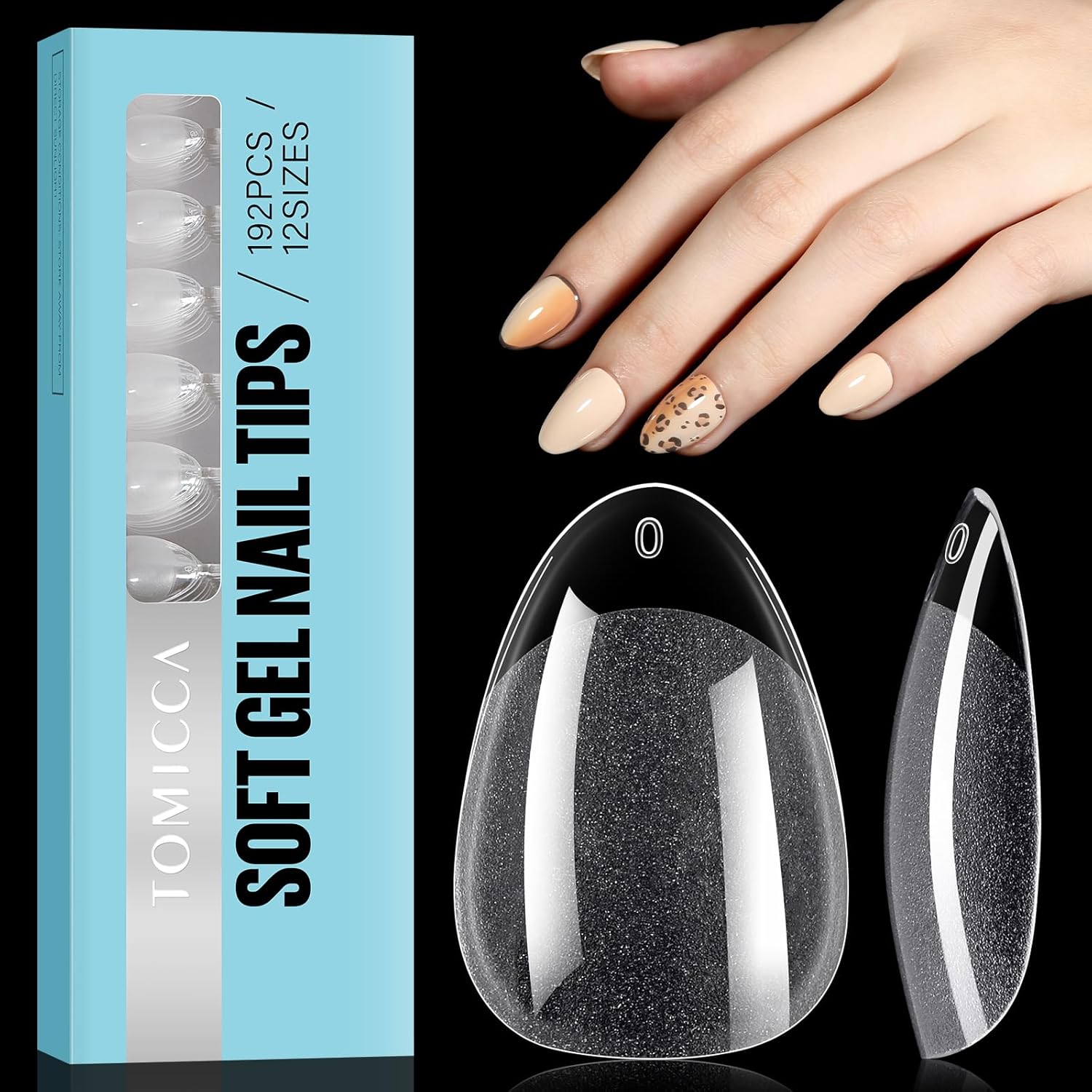TOMICCA Almond Shaped Short Nail Tips 192PCS Half Matte Soft Gel, No