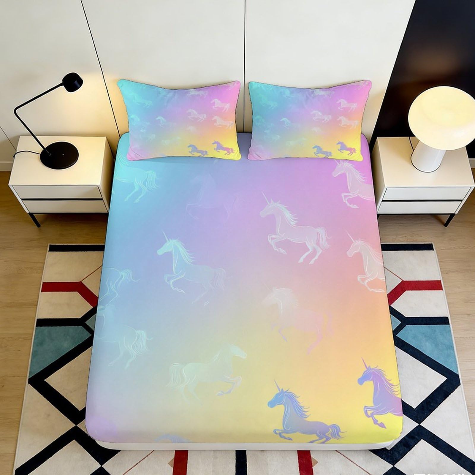 Pnayamiorkfel Style-3 3D Printed Pastel Unicorn Fitted Sheet Microfiber Soft Anti-Slip Rainbow Fantasy Mattress Cover For Bedroom Guest Room Decor 90X200x25cm