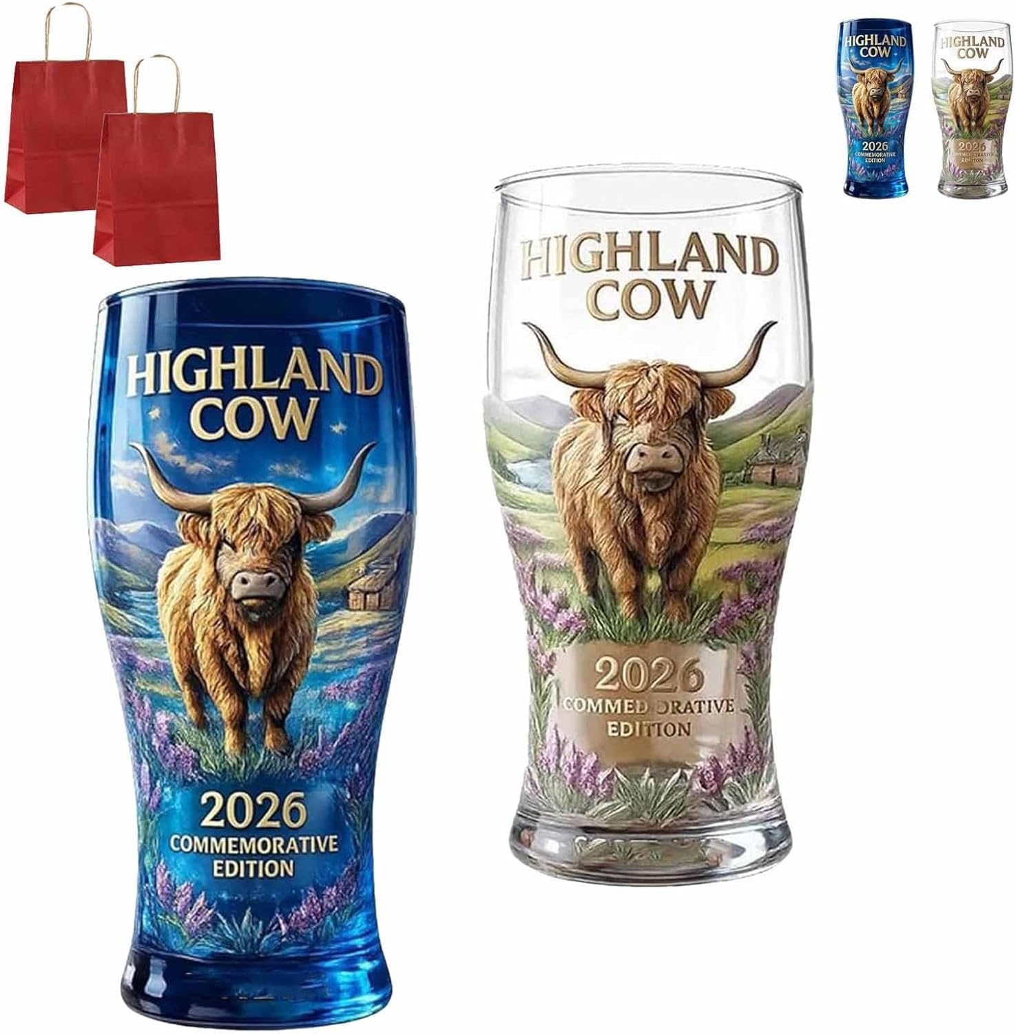 KGAIXN Highland Cow 2026 Commemorative Glass Tumbler, Embossed Highland Landscape Beer Glass, Scottish Longhair Cow Pint Coffee or Cocktail Cup for Home Bar Pub Use 39, 2pcs-mix