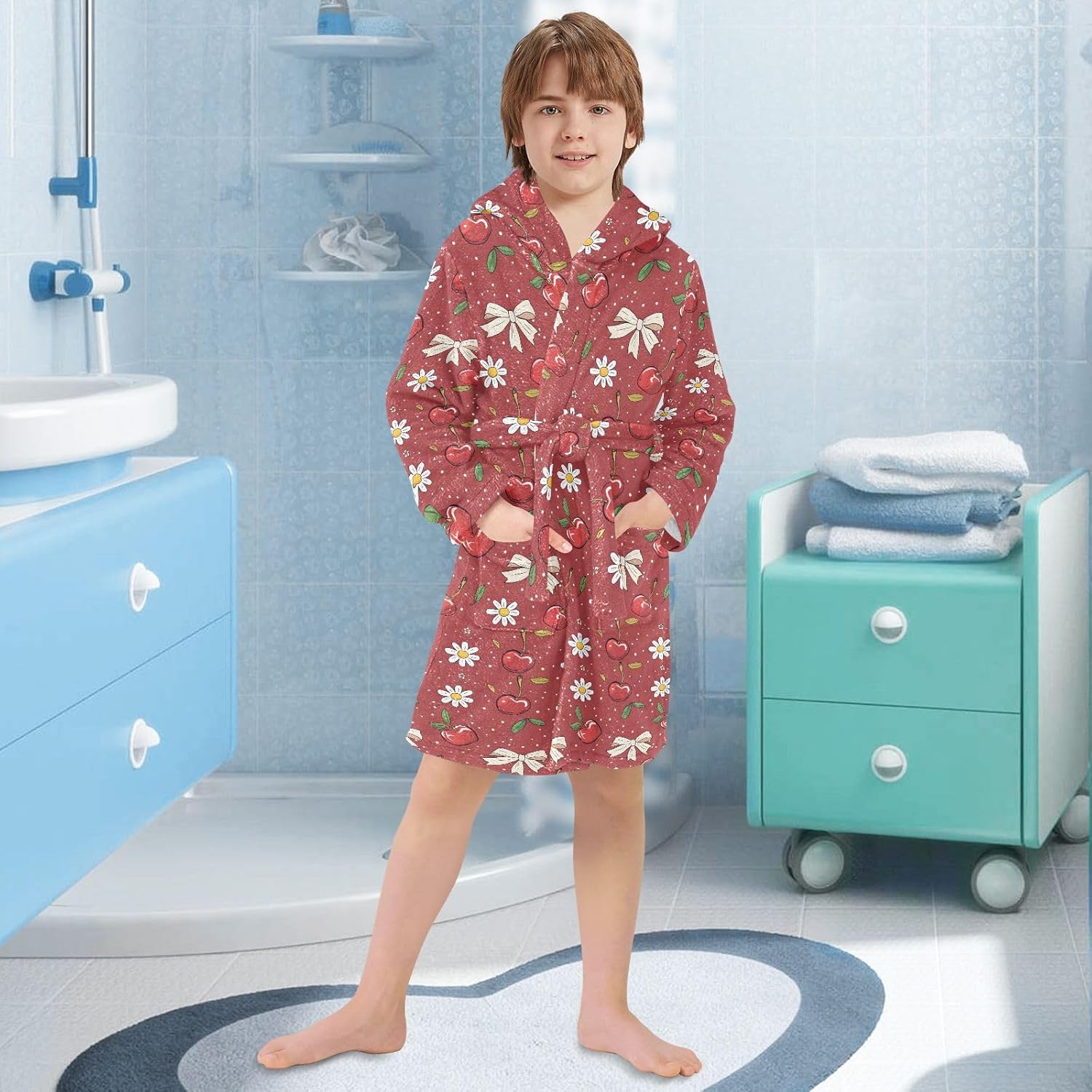 senya Red Cherry with Daisy Toddler Hooded Bathrobe Kids Soft Plush Bath Towel Robes for Boys Girls 2-12 Years