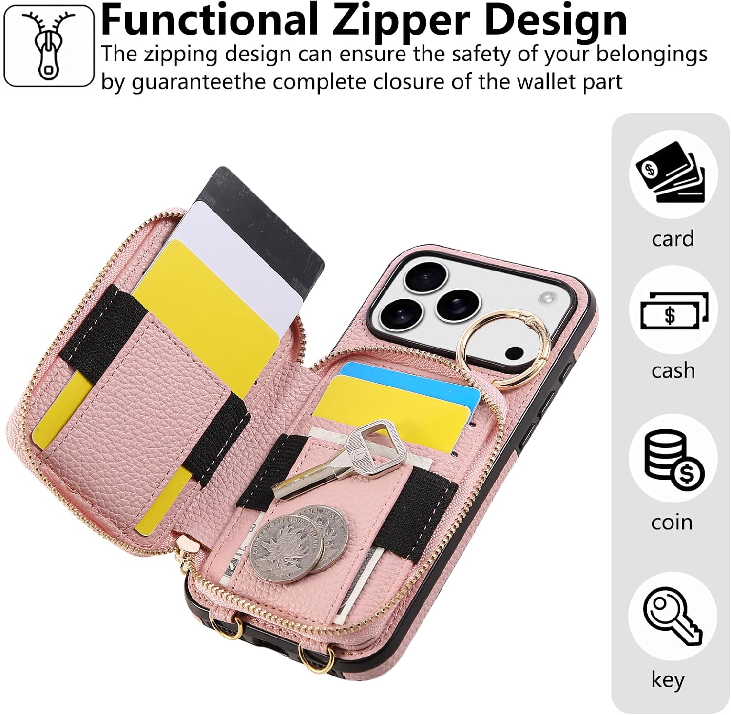 Asuwish Phone Case for iPhone 17 Pro 6.3 inch 2025 Zipper Wallet Cell Cover with Tempered Glass Screen Protector Ring Credit Card Holder Slot Crossbody Strap Lanyard i Phone17 i17 17Pro Women Pink