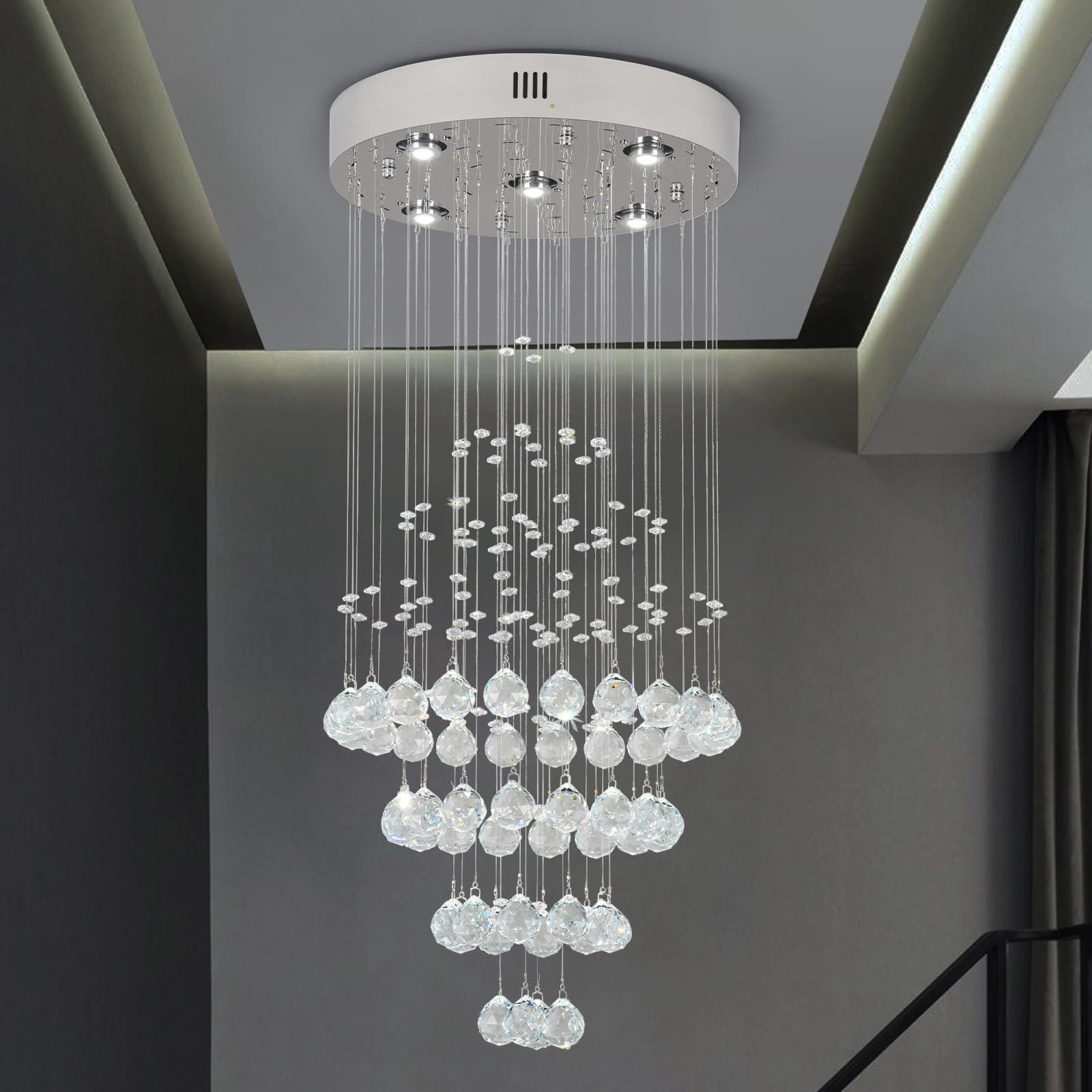 GreeLustr Raindrop Crystal Chandelier Lighting, Modern Droplet Ball High Ceiling Lights Elegant Flush Mount Pendant Lamp for Dining Room, Hallway, Entryway, Romantic Decor, GU10, Size: D40cm H100cm