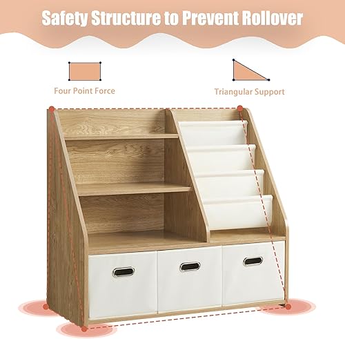 Miniatura 5 de Estantería infantil y organizador de almacenamiento de juguetes, estantes Montessori para libros de guardería con estante de 3 niveles y cubos de