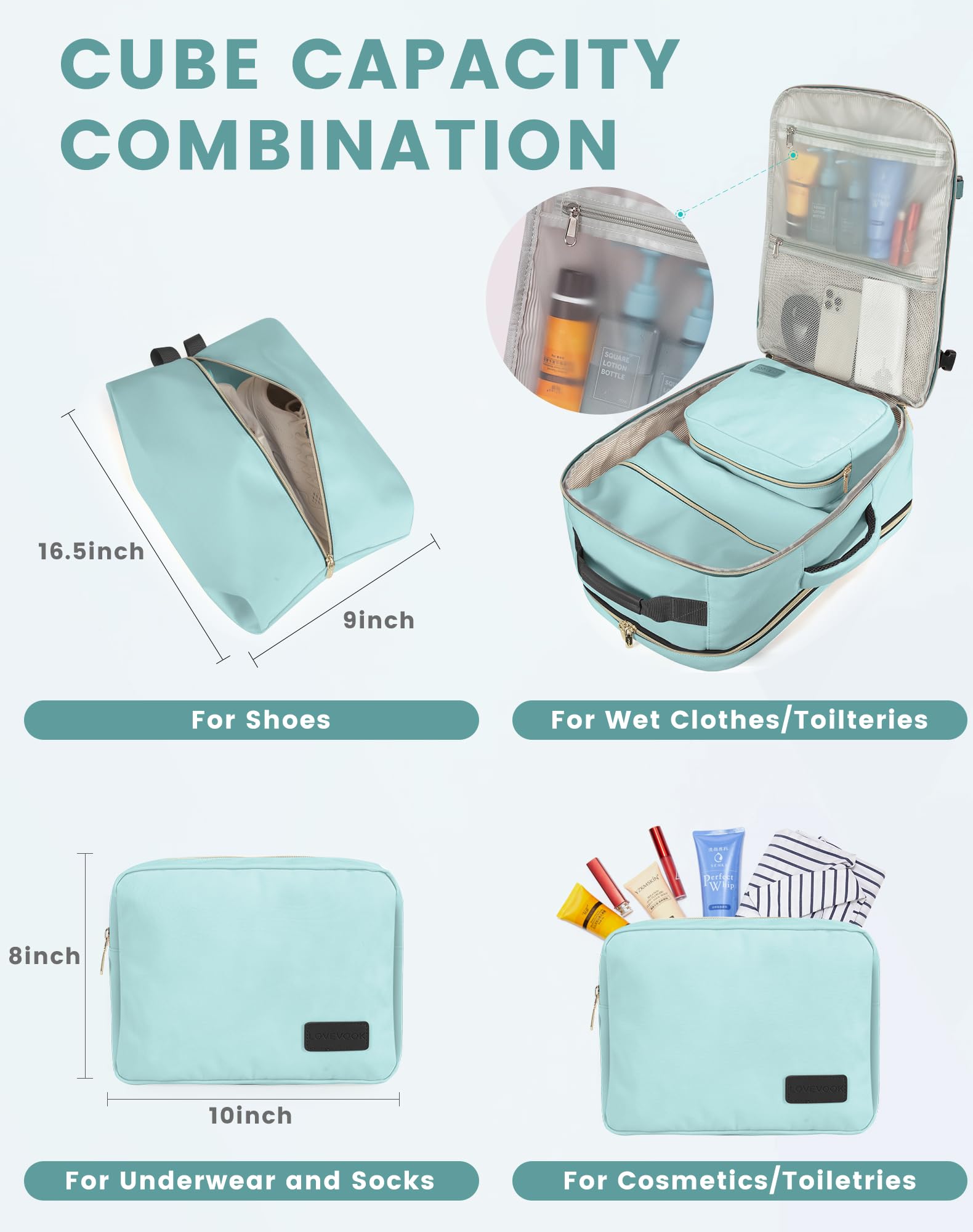 LOVEVOOK Zaino da Viaggio Aereo Bagaglio a Mano, Impermeabile Zaini Trolley Bagaglio Donna 40L Cabin Max per Ryanair Easyjet, Grande Zaino Porta PC 17 Pollici Valigia Borsa a Zainetto