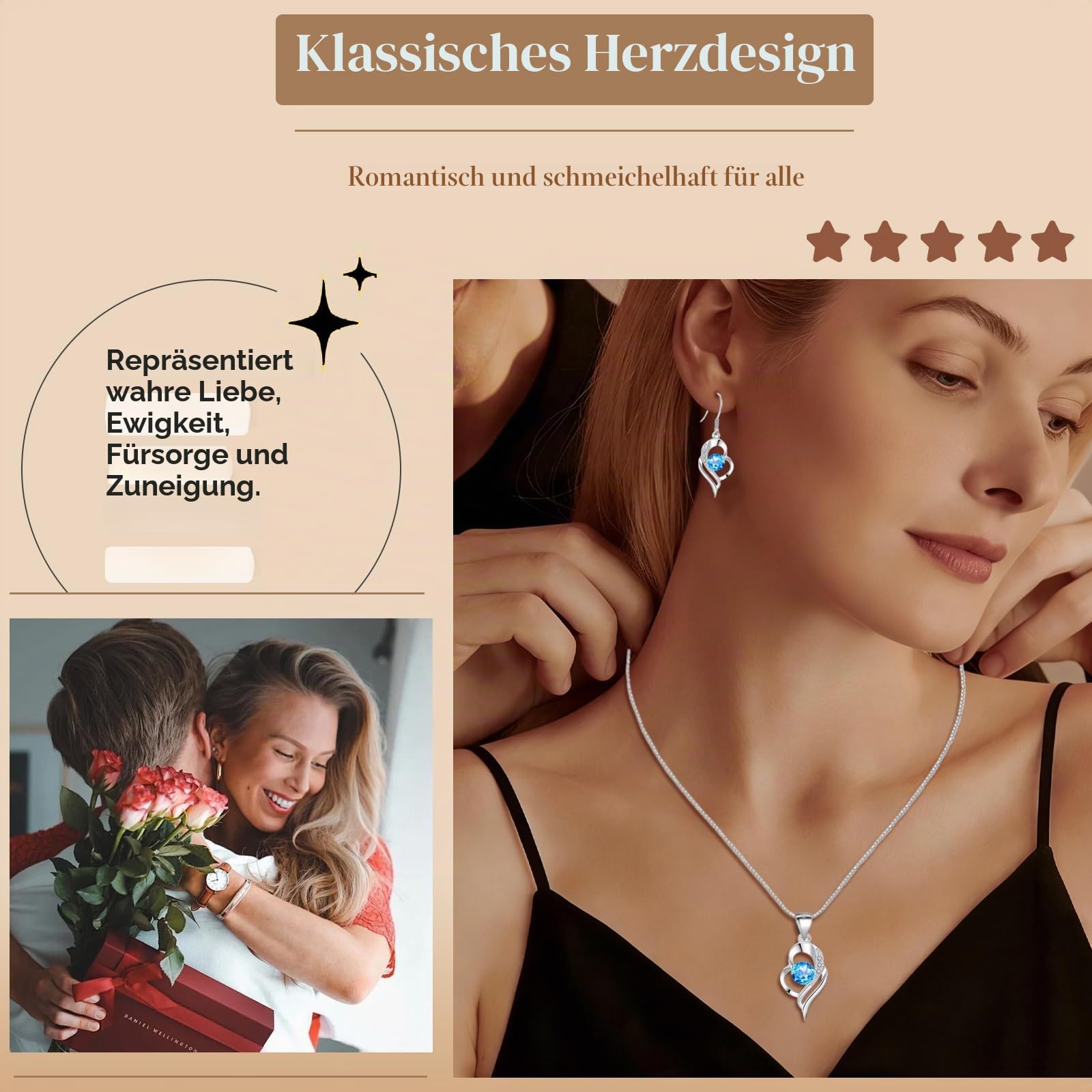 Kamise Schmuck Set Silber, 925 Sterling Silber Kette & Hängend Ohrringe | Herz, Zirkonia, Hypoallergen, Schlafen, Geburtstag Valentinstag, für Frauen Freundin, Schmuck, Geschenk, Romantic, 45cm