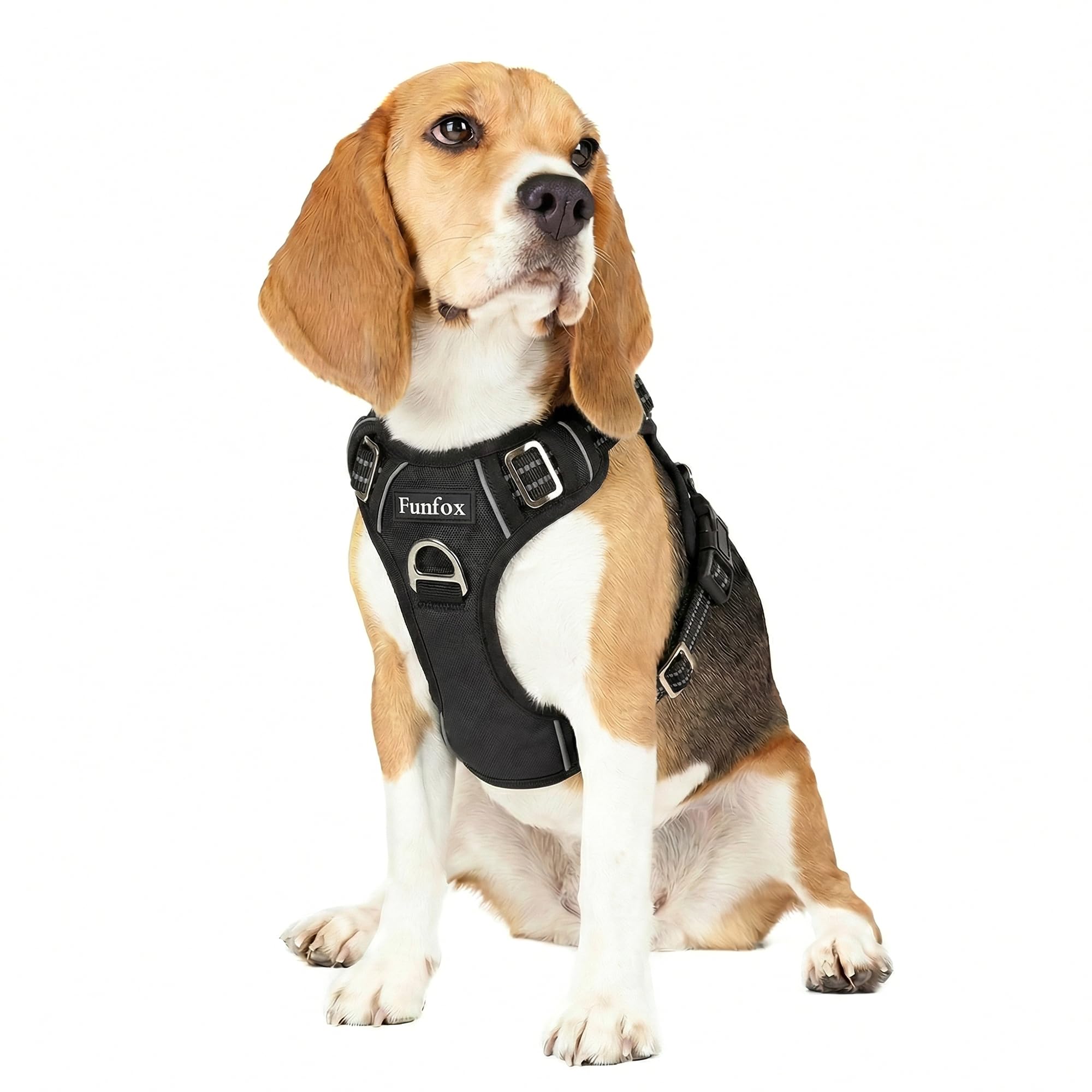 Funfox Dog Harness Medium Sized Dog, Vertical Handle Easy Control, No Pull Pet Vest Adjustable with 2 Leash Clips, Soft Material, Reflective Safe Night Walking for Small Medium Large Breed, Black, M