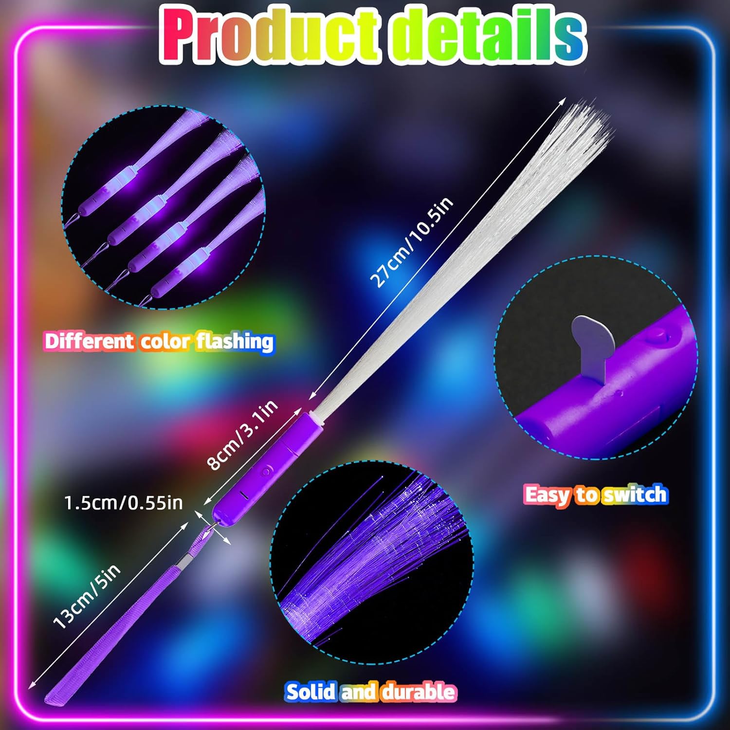 Skylety 36 Pcs Fiber Optic Wand, LED Fiber Optic Wand with 3 Light Modes, Glow Fibers Optics Sticks for Wedding Neon Party, New Year Party Favors, Bar Dj(Purple)
