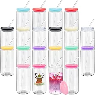 20 Pack Sublimation Glass Cups with Acrylic Lids and Glass Straws 16oz Clear Glass Tumbler Blanks Beer Can Iced Coffee Cups Drinking Glasses, Cute Glass Cups for Tea Soda Smoothie Whiskey DIY Gift