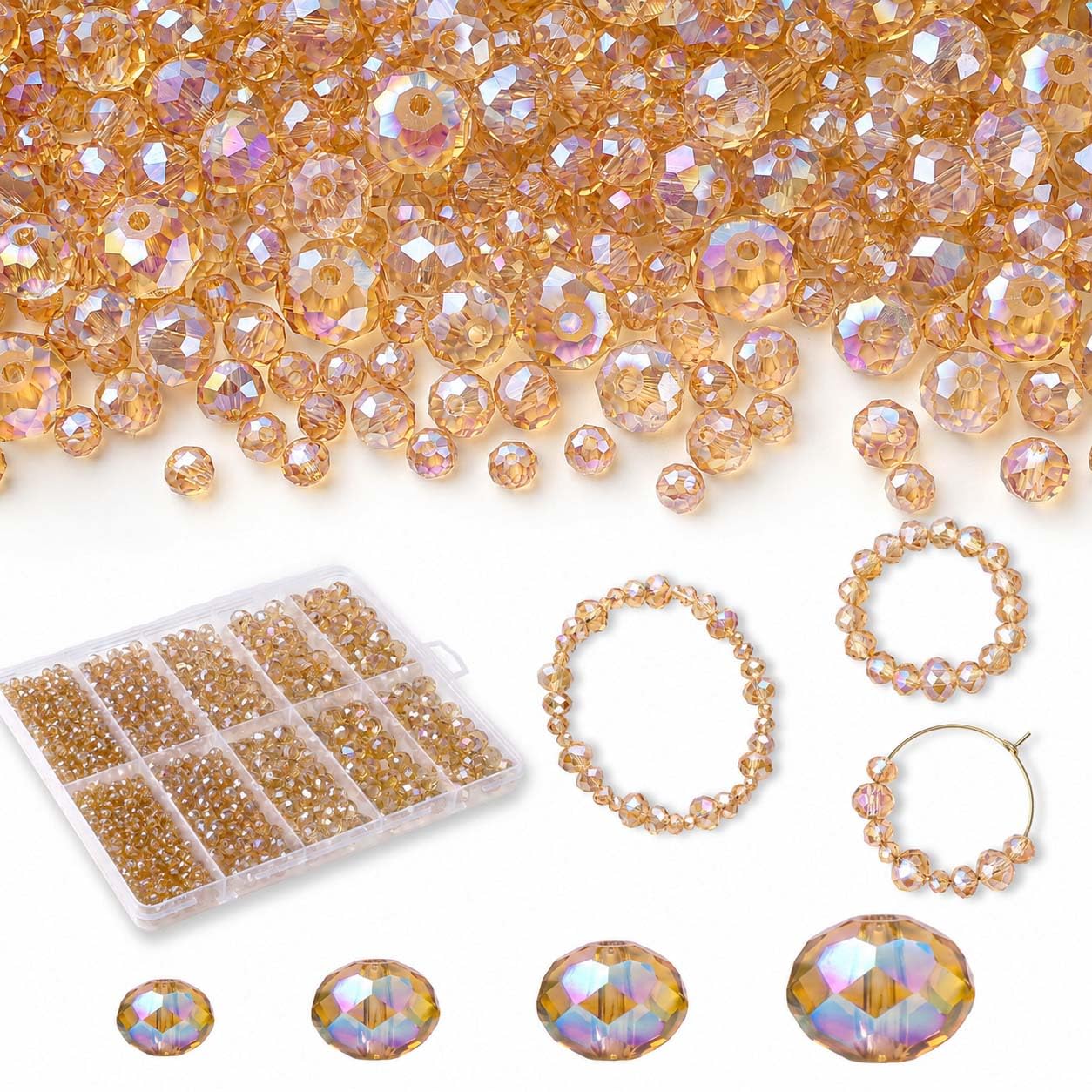 QINJIEJIE 1000 Pcs Gold Champagne Glass Beads for Crafting Bracelet Making, 4 Sizes (4mm 6mm 8mm 10mm), AB Color Glass Beads for Jewellery Making DIY Crafts, Necklace Bracelet Kit for Girls Adults