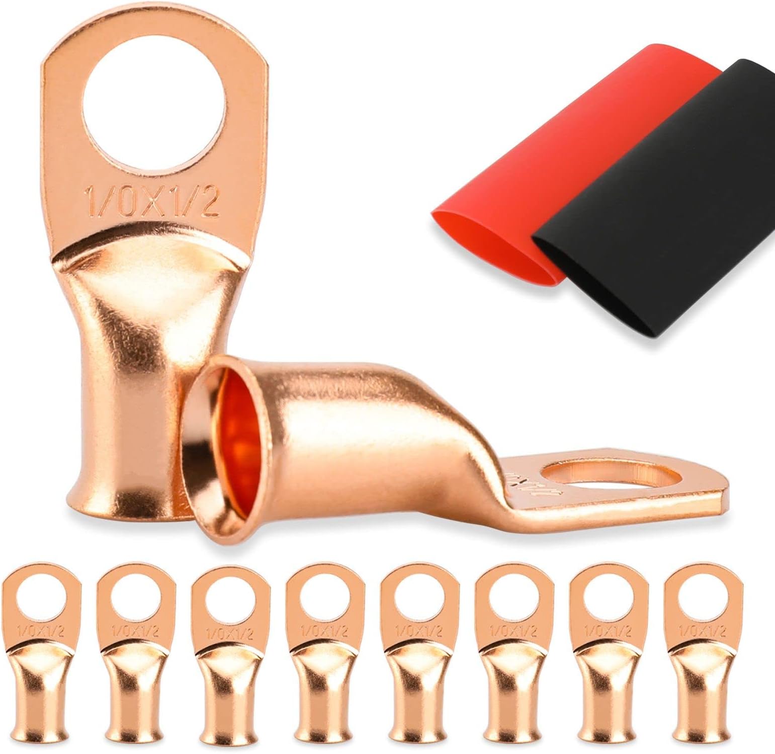 8PCS Battery Cable Ends, 1/0 Gauge Wire Connectors 1/2 Copper Wire Lugs, Bare Copper Eyelets with Heat Shrink Tubing by HOUSUN