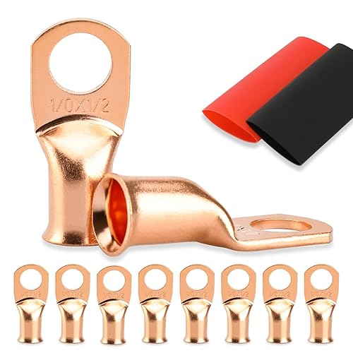 Miniatura 53 de 10 extremos de cable de batería, conectores de alambre de calibre 8, lengüetas de alambre de cobre 3/8, ojales de cobre desnudos con tubo