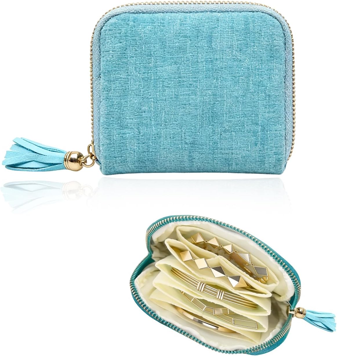 1 Pack Mini Travel Jewelry Case Organizer, Soft Cotton Zipper Pouch Bag for Bangles Bracelets Necklace Storage, Compact Lightweight Tangle Free Scratch Resistant Design, Ice Blue