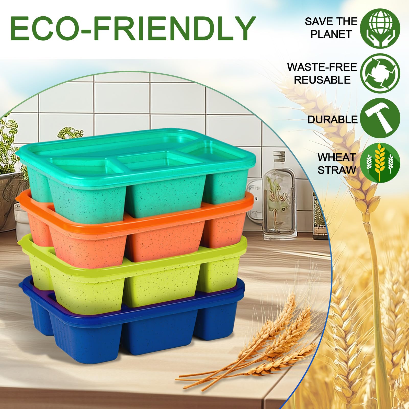 BIEOFFEI 8 Pack Bento Box Lunch Boxes for Adults, 4 Compartment Meal Prep Containers with Lids, Reusable Bento Box Snack Containers for Work, Travel, Picnic, Microwave & Dishwasher Safe