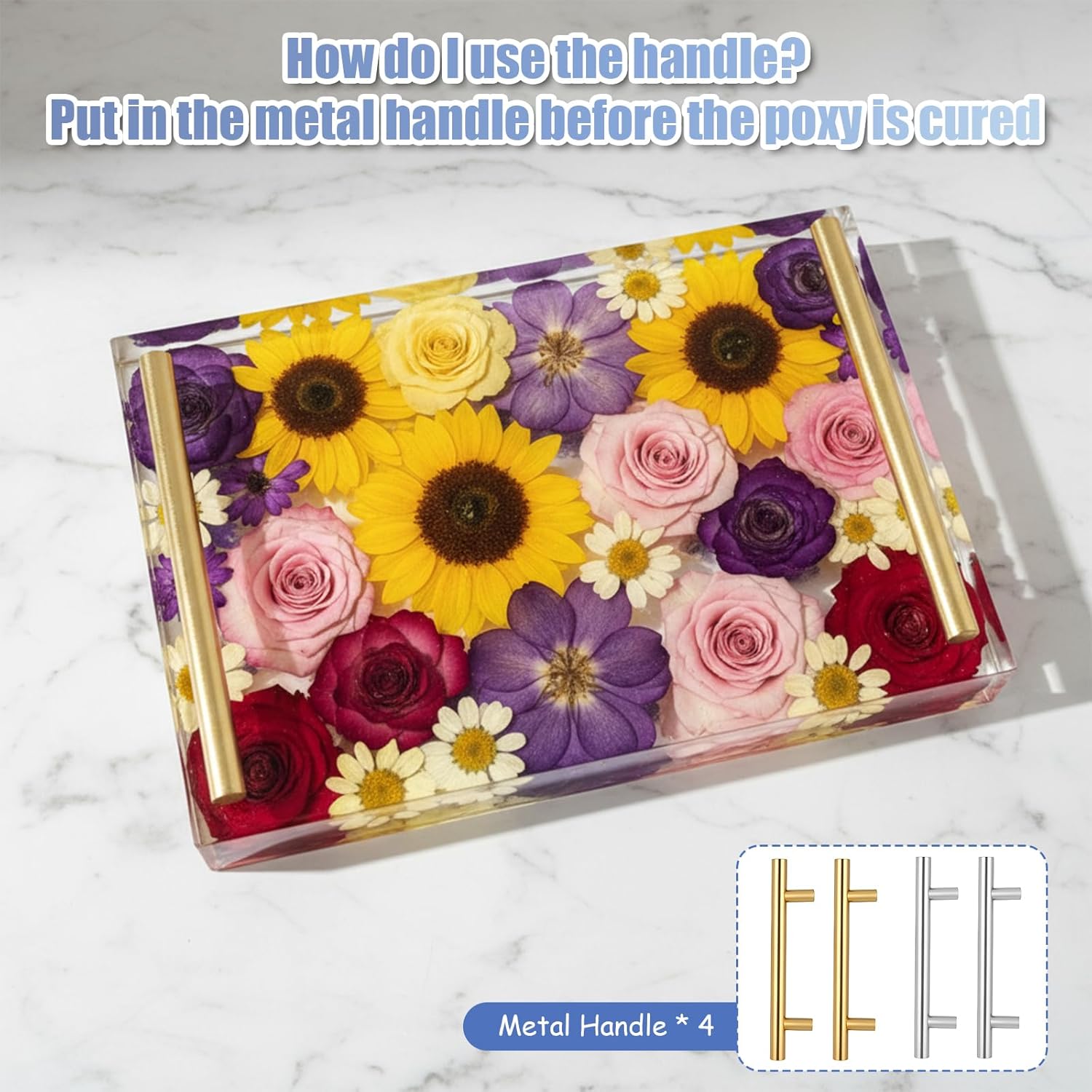 Large Silicone Tray Molds, 13.5"X9.5" Deep Rectangle Epoxy Tray Molds with 4pcs Gold & Silver Handles Resin Trays Mold Silicone Resin Table Mold for River Board Table DIY Art Home Decoration