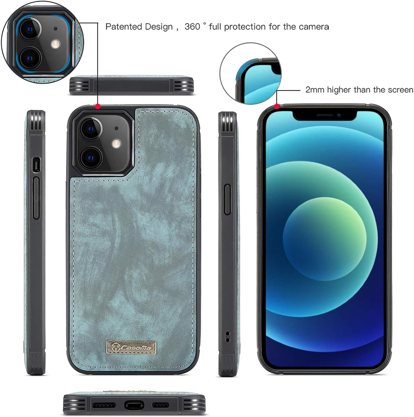 Zttopo Wallet Case Compatible with iPhone 12 Mini, 2 in 1 Leather Zipper Detachable Magnetic 11 Card Slots Money Pocket Cover with Screen Protector Case Wallet 5.4 Inch (Blue-Green)