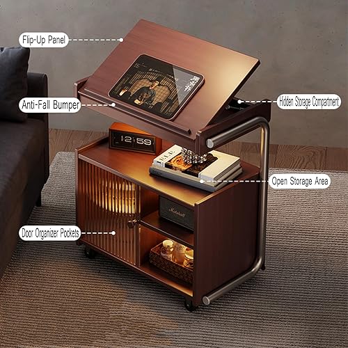 Miniatura 5 de Mesa auxiliar de madera maciza con ruedas, mesa auxiliar con almacenamiento, armario de almacenamiento multifuncional con amplio espacio para sala