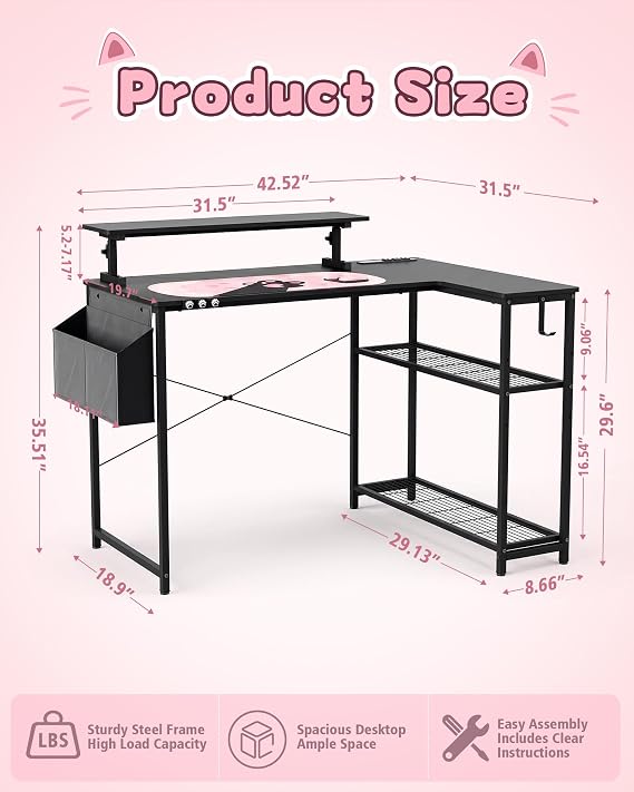 GTPLAYER 43 L Shaped Gaming Desk, Home Office Corner Desk with Storage Shelves, Computer Desk with Monitor Stand, Side Storage Bag & Hooks, Sturdy Metal Frame PC Workstation, Black