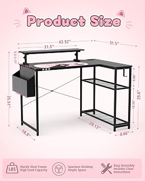 GTPLAYER 43 L Shaped Gaming Desk, Home Office Corner Desk with Storage Shelves, Computer Desk with Monitor Stand, Side Storage Bag & Hooks, Sturdy Metal Frame PC Workstation, Black