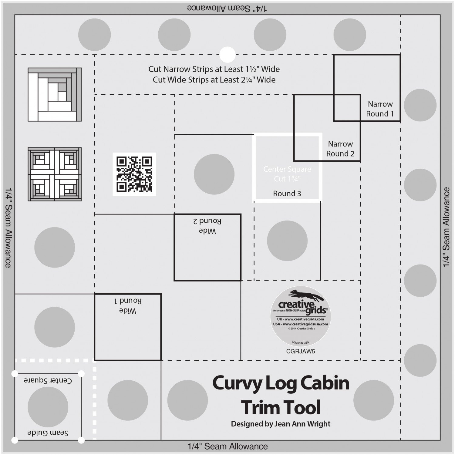 Bundle of Creative Grids Curvy Log Cabin Trim Tool 8in Finished Blocks and Cut Loose Press Sun, Surf, and Seaweed Curvy Log Cabin Quilt Pattern