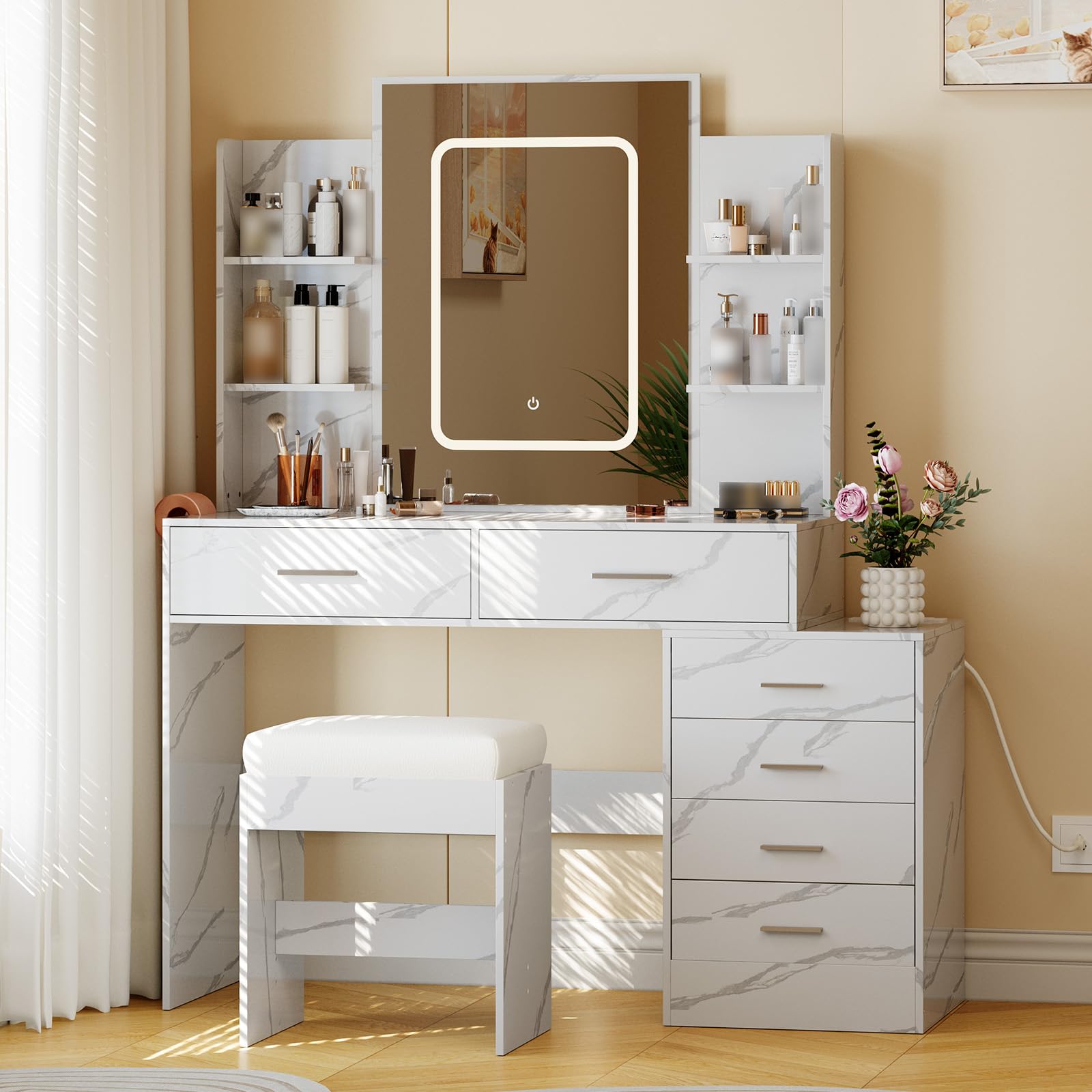 PeacefulHues Makeup Vanity Desk with LED Mirror and Lights, 6-Drawer Vanity Set with Hidden Storage Stool, Glass Top, Charging Ports & 3 Adjustable