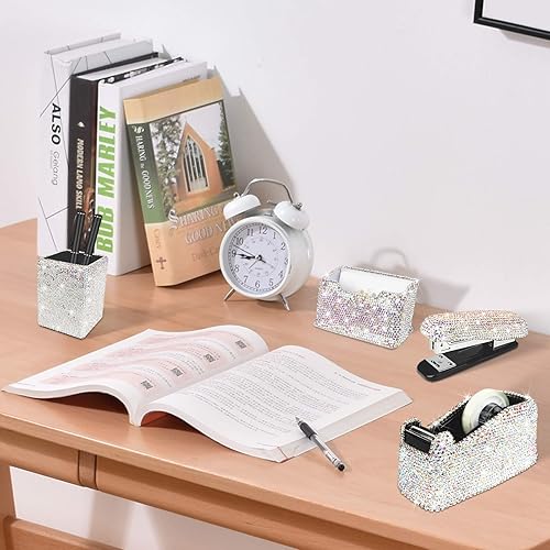 Miniatura 4 de Bling Crystal - Soporte cuadrado de lujo hecho a mano para lápices, grapadora, tarjetero y dispensador de cinta de escritorio, kit de papelería de