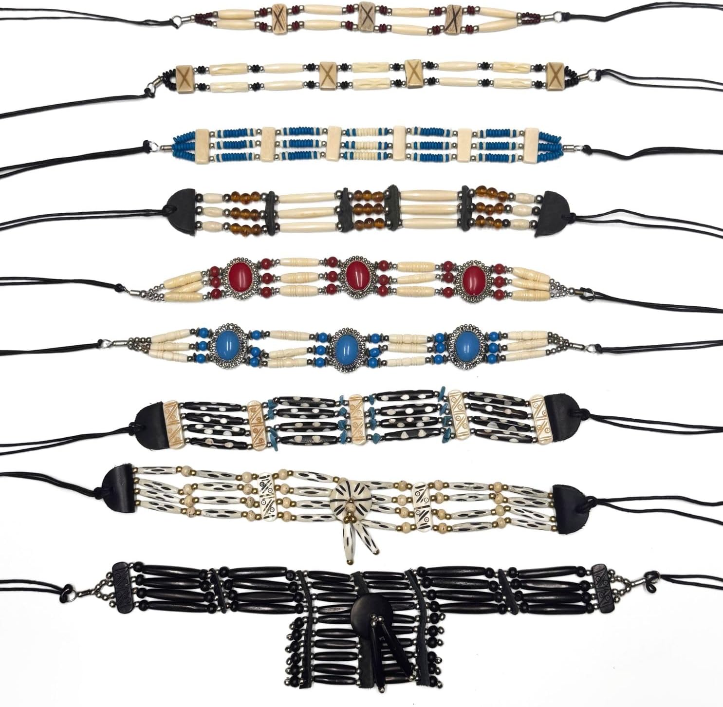 Native Style Bone Choker Necklace - Adjustable Tribal Inspired Bone Bead Choker with Leather Feathers Glass Beads - Costume Craft Jewelry - Assorted/Random Colors and Designs