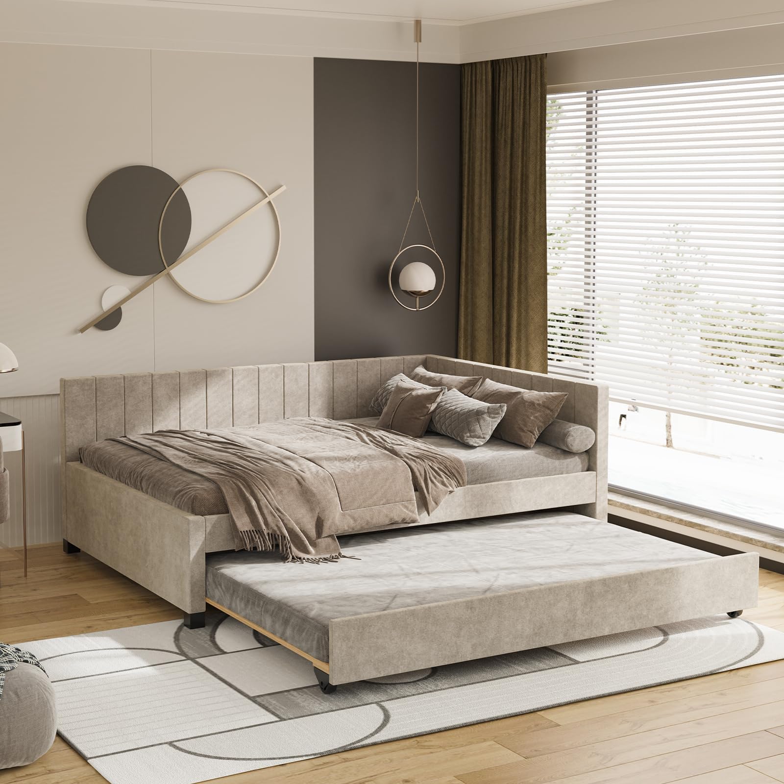 DNYN Upholstered Full Size Daybed with Trundle & Backrest & Armrests for Living Room,Wooden Bedframe w/Wood Slat Support & Sofabed Design,No Box Spring Needed,Perfect for Bedroom,Guest Room, Beige