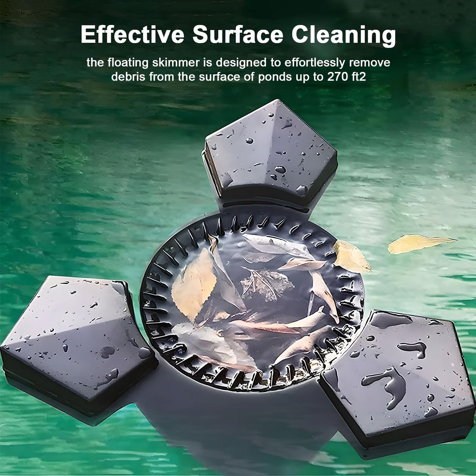 Skimmer flotante para estanques, limpiador automático de superficies con cesta de hojas y aireador para estanques de peces de jardín y piscinas de hasta 15 m³, 43 W de succión de agua