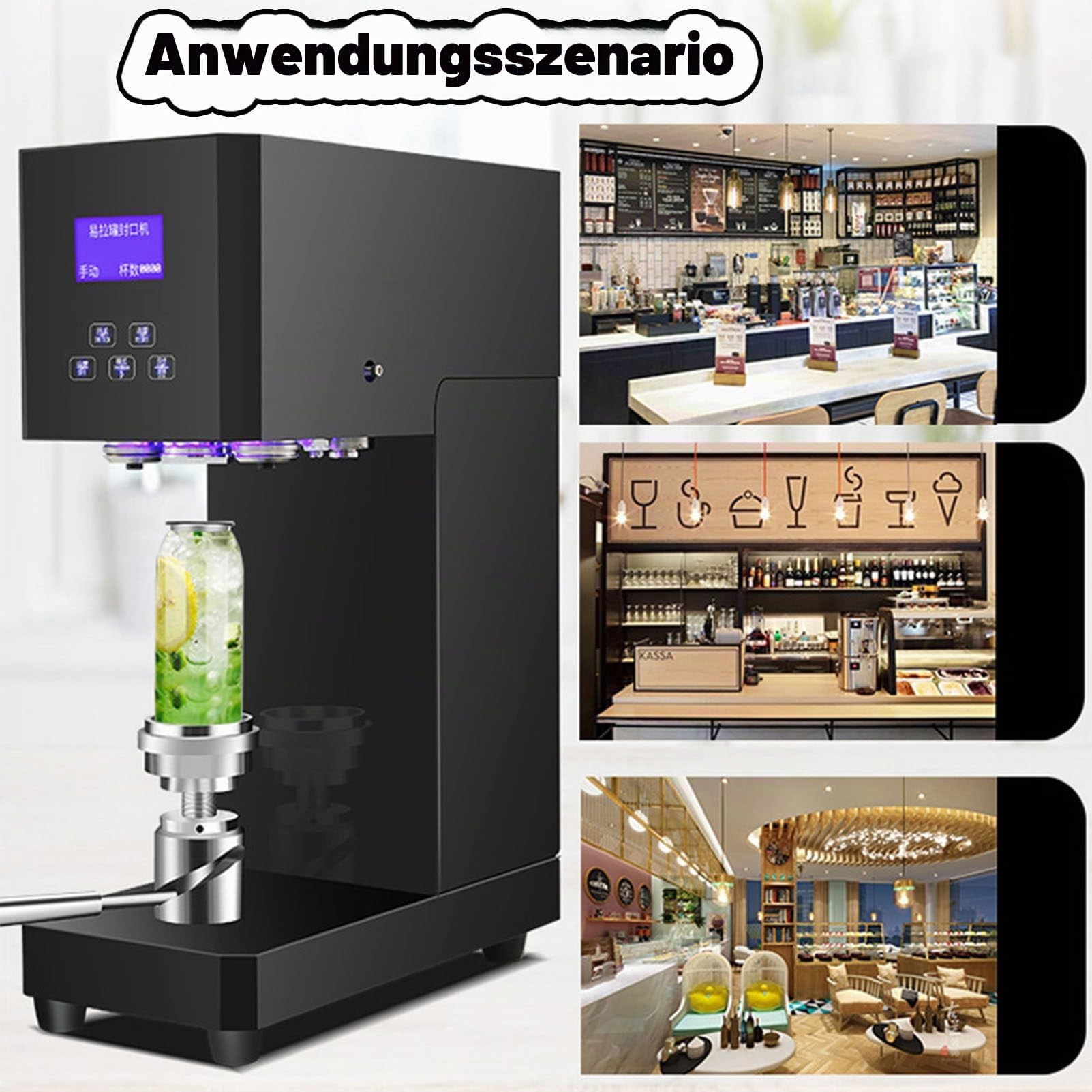 Automatische Dosenverschließmaschine, kommerzieller Tischdosenverschließer mit intelligentem LCD-Display, schnelles und präzises Verschließen von Dosen, Flaschen und Gläsern,Black