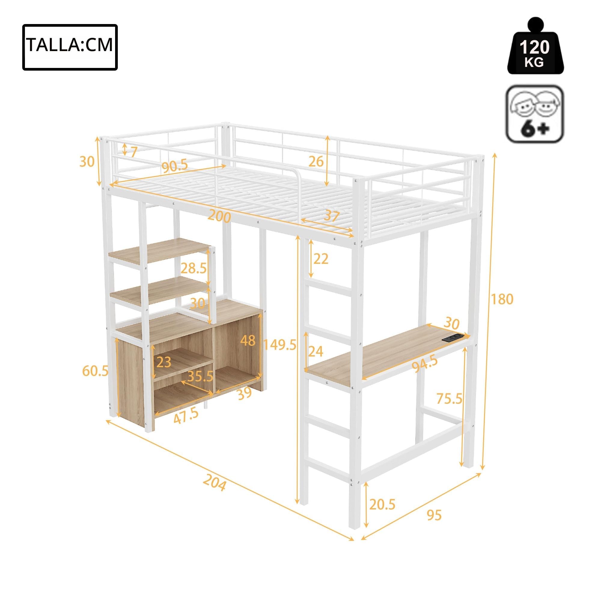 Azkoeesy Cama alta de metal con escritorio, 90 x 200 cm, multifunción, cama individual, cama juvenil, con barra de ropa, estante de almacenamiento, enchufe, color blanco