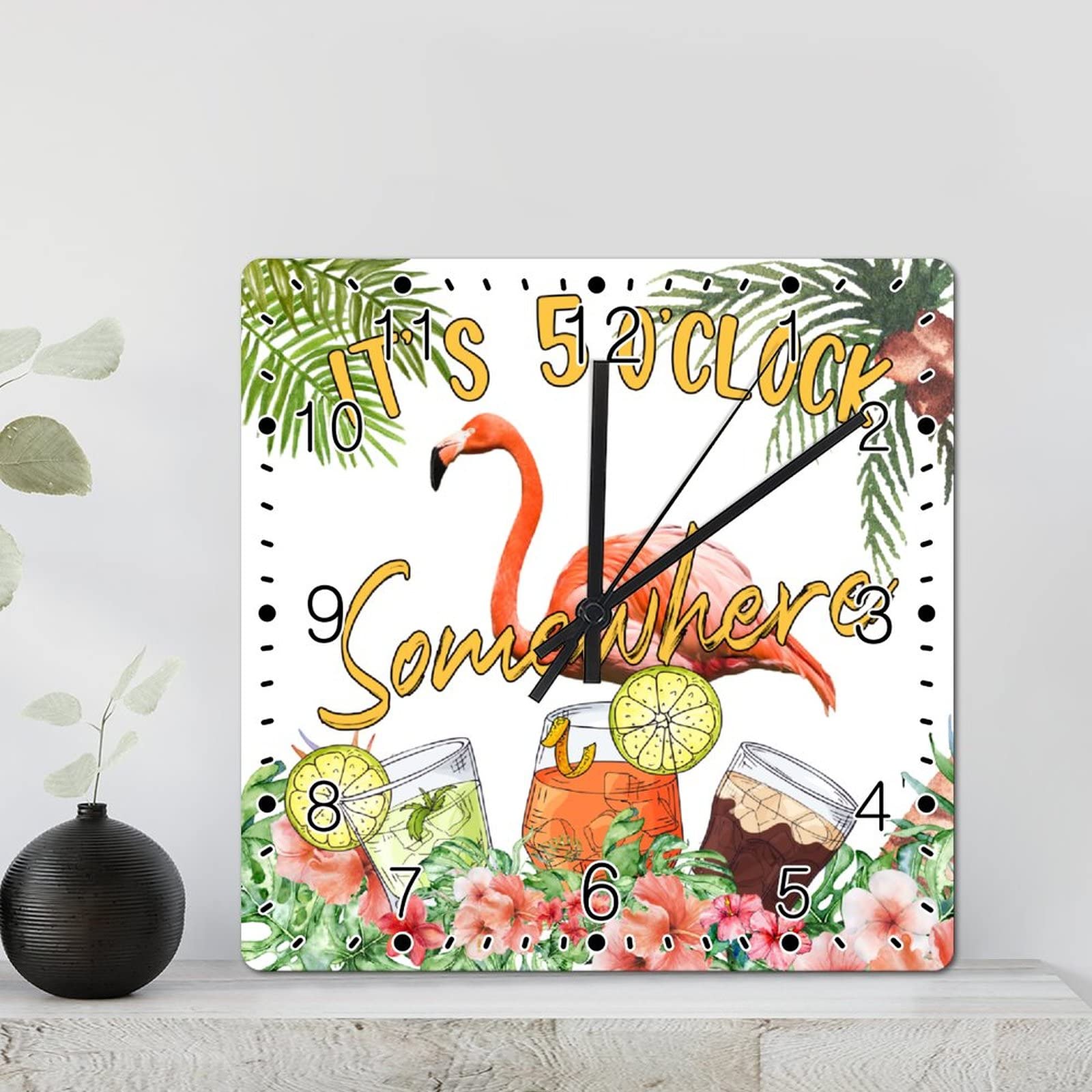 Horloge murale amusante flamant rose en bois 30cm pour décoration bar